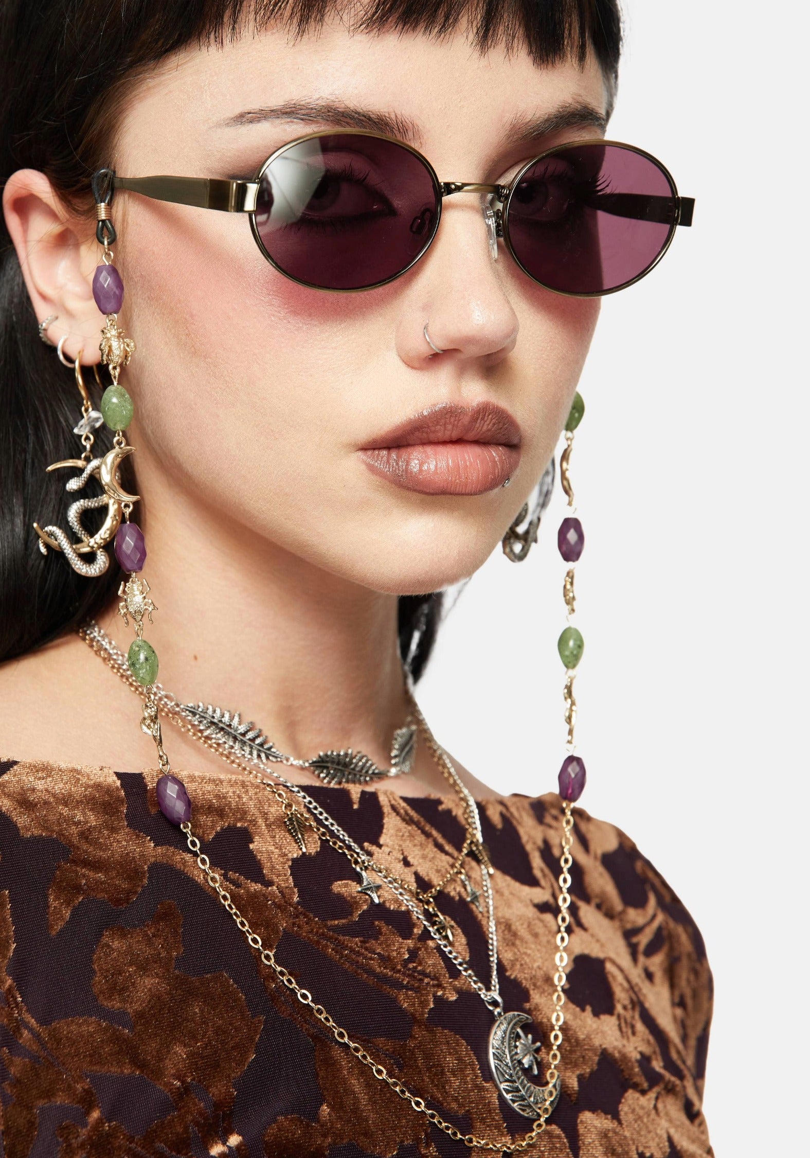 Hand Embellished rhinestone Chain  Sunglasses Whimsigoth Bead & Charm Chain Sunglasses – Disturbia main image 2