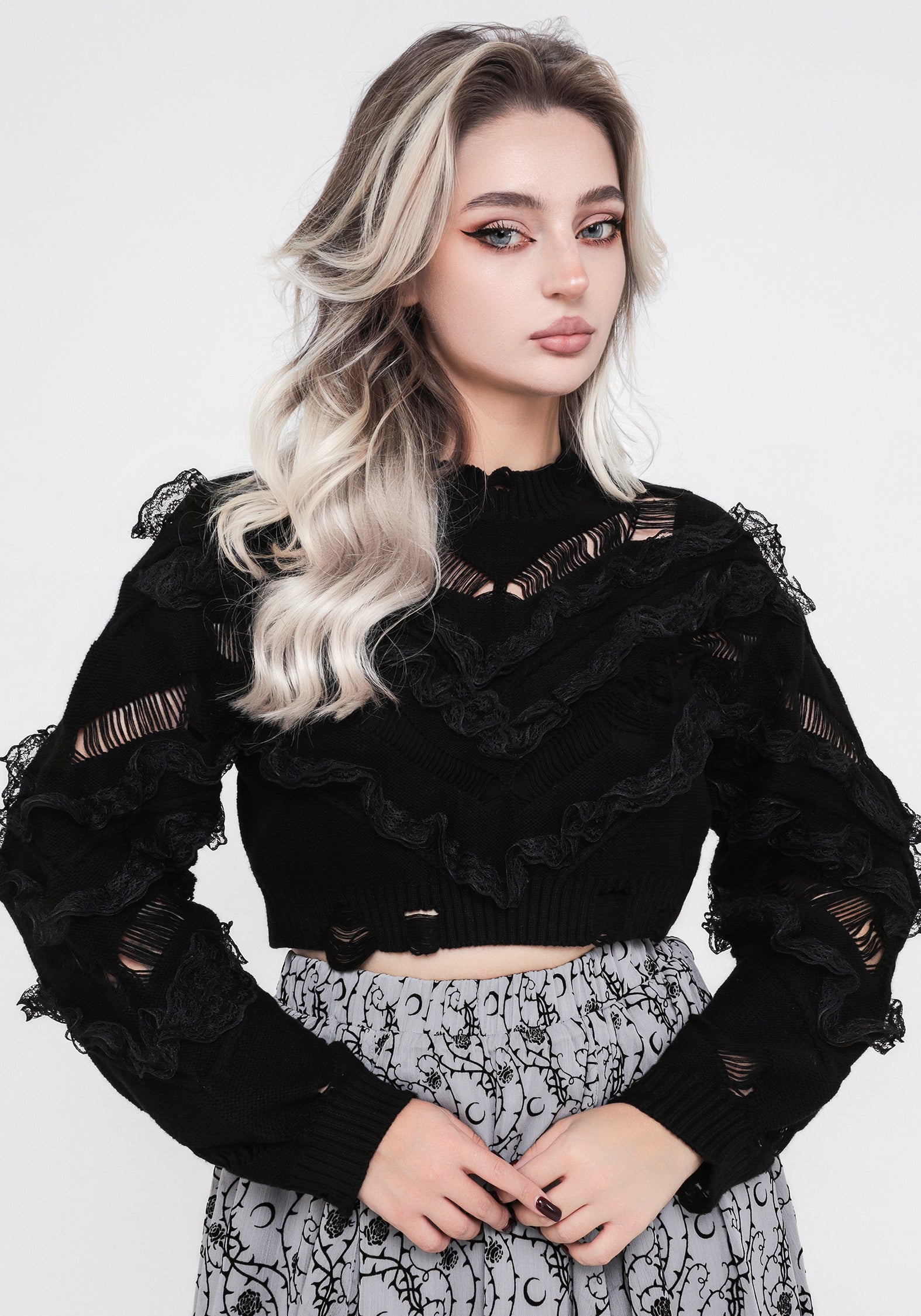 Volla Lace Ruffle Distressed Knit Crop Sweater | Disturbia - Shop