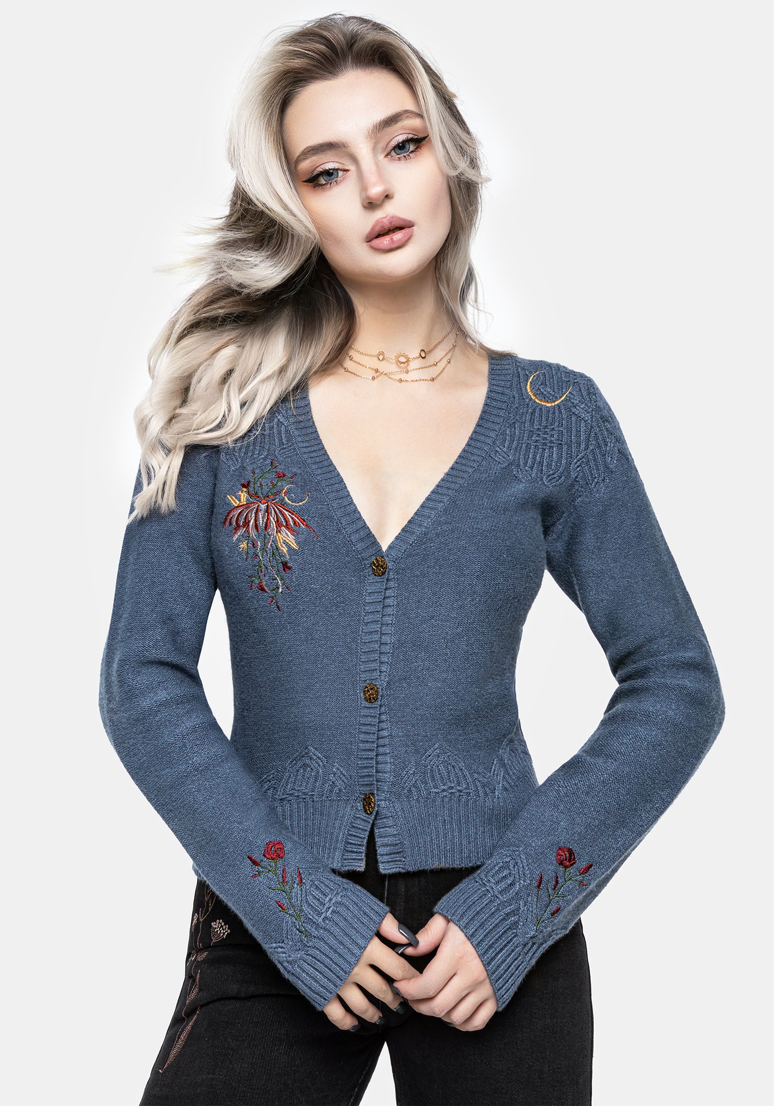 Selenia Moth Embroidered Cable Twist Knit Cardigan | Disturbia 