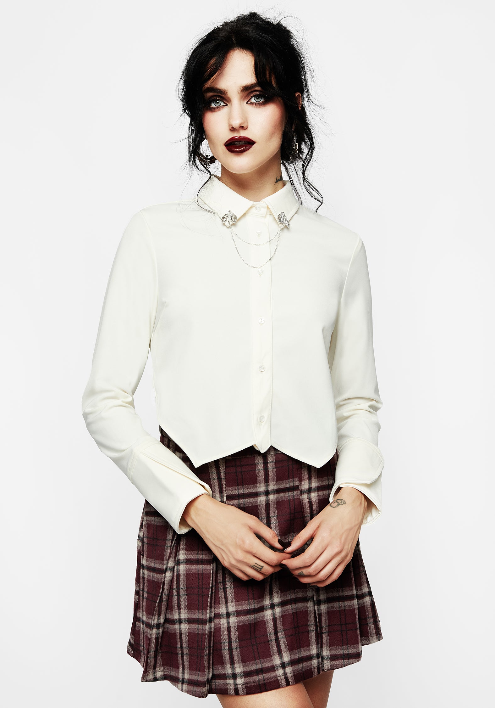 Mortmoth Chain Collared Crop Shirt | Disturbia - Shop Women's