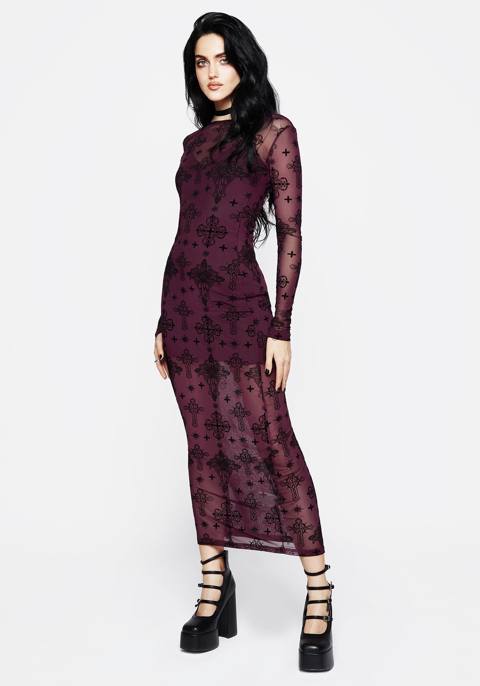 Priestess Flocked Mesh Maxi Dress - Purple | Disturbia