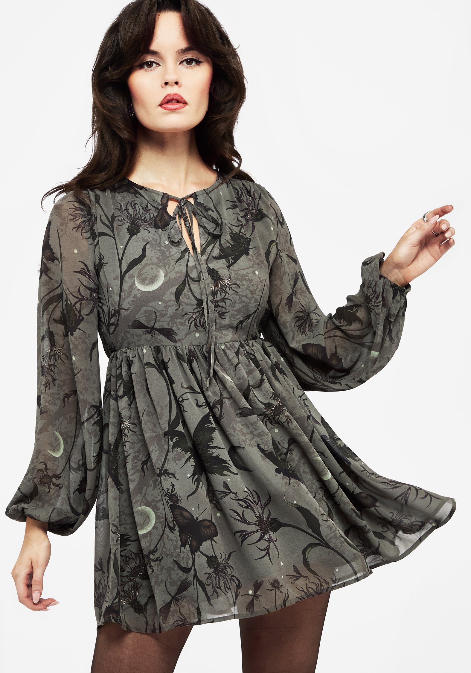 floral print chiffon mini dress MissJophiel Long Sleeves Corset Black Floral Print Chiffon Tiered Mini Dress White / Above Knee / US14