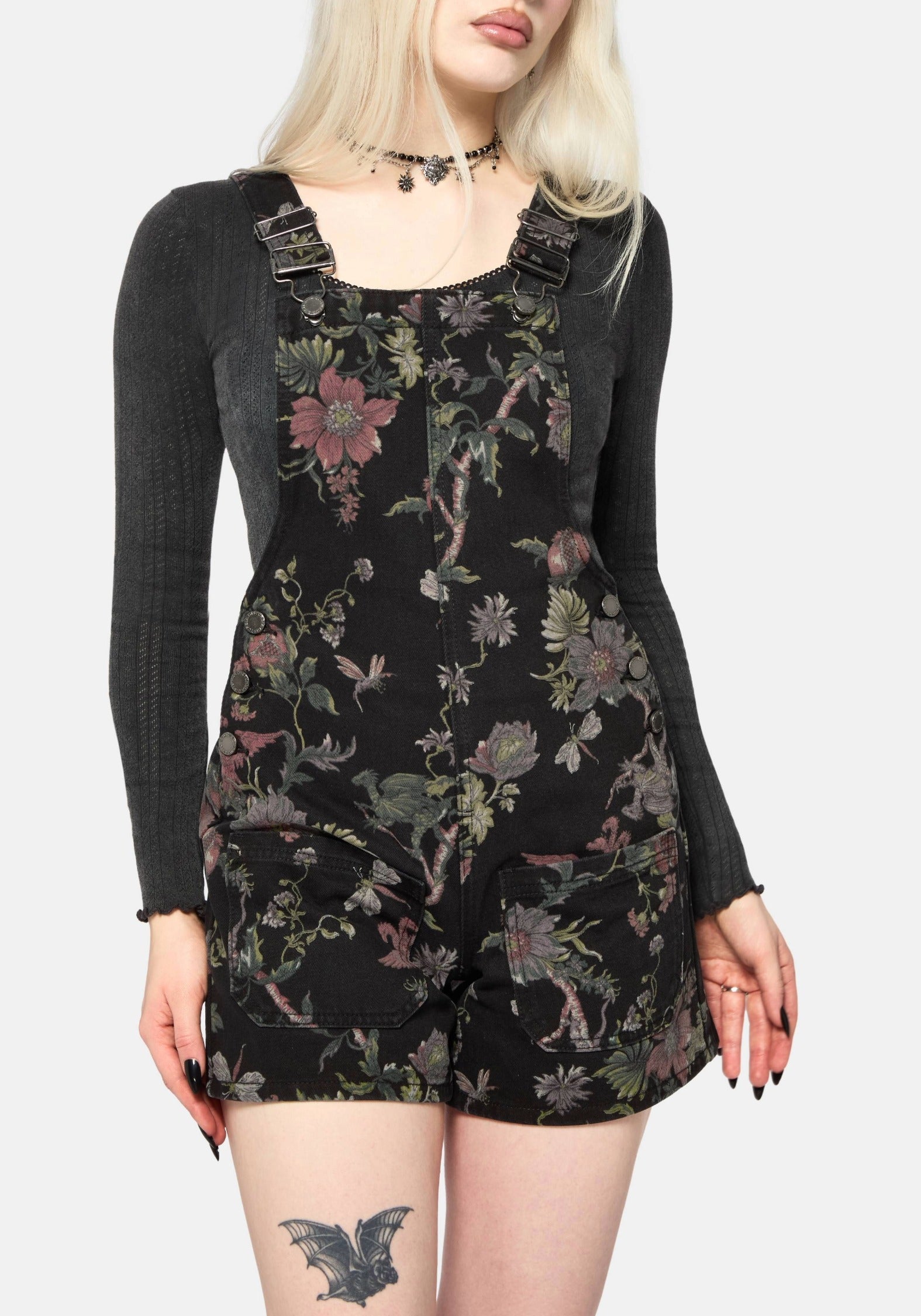 Poison Eden Print Denim Dungaree Short – Disturbia