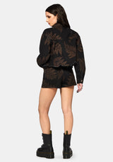 Ruin Fern Printed Distressed Denim Jacket