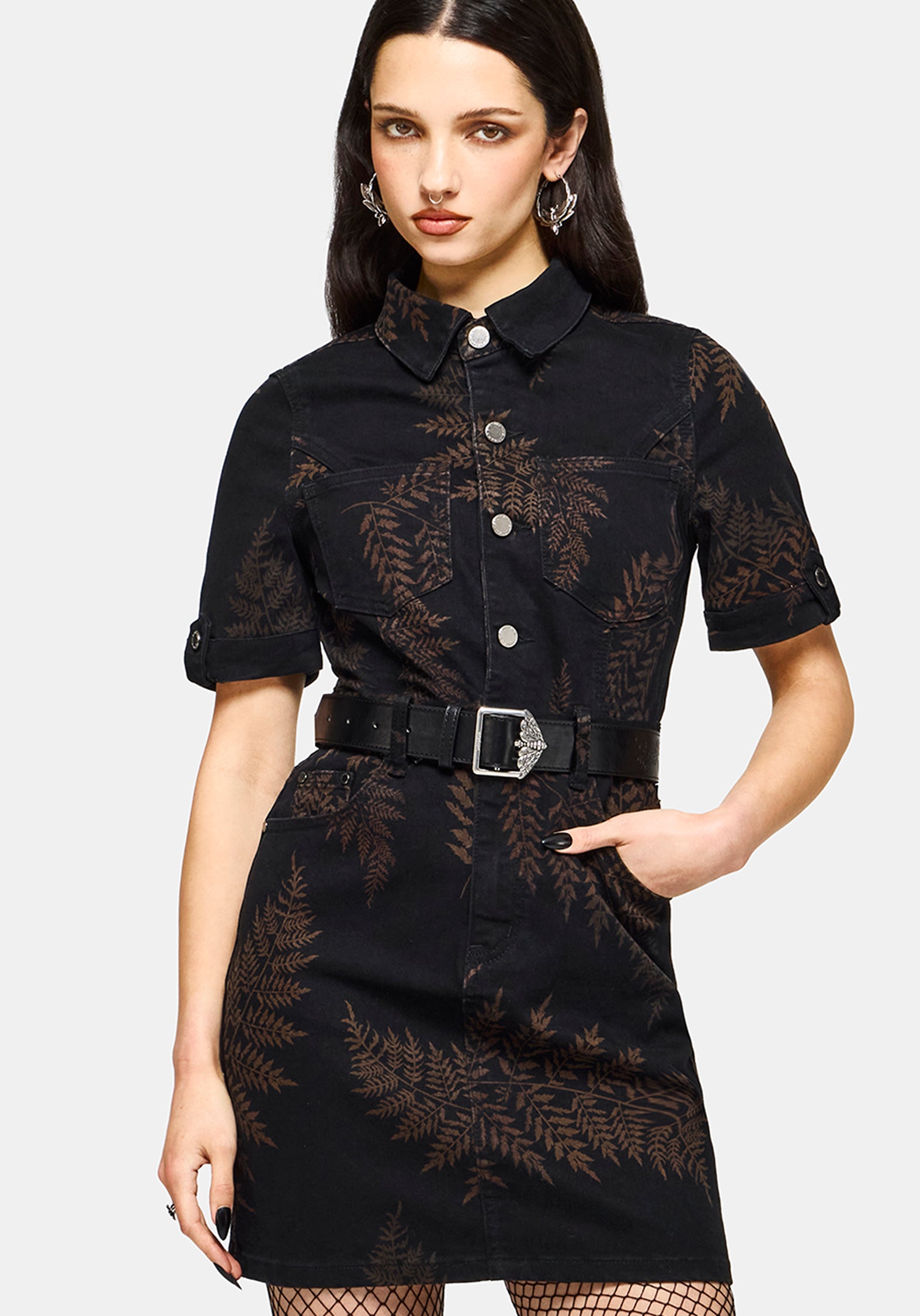 denim mini shirt dress Ruin Fern Printed – Disturbia Style with glossy boots LD89 Size:33W/34L Stylish Black Leather Dress