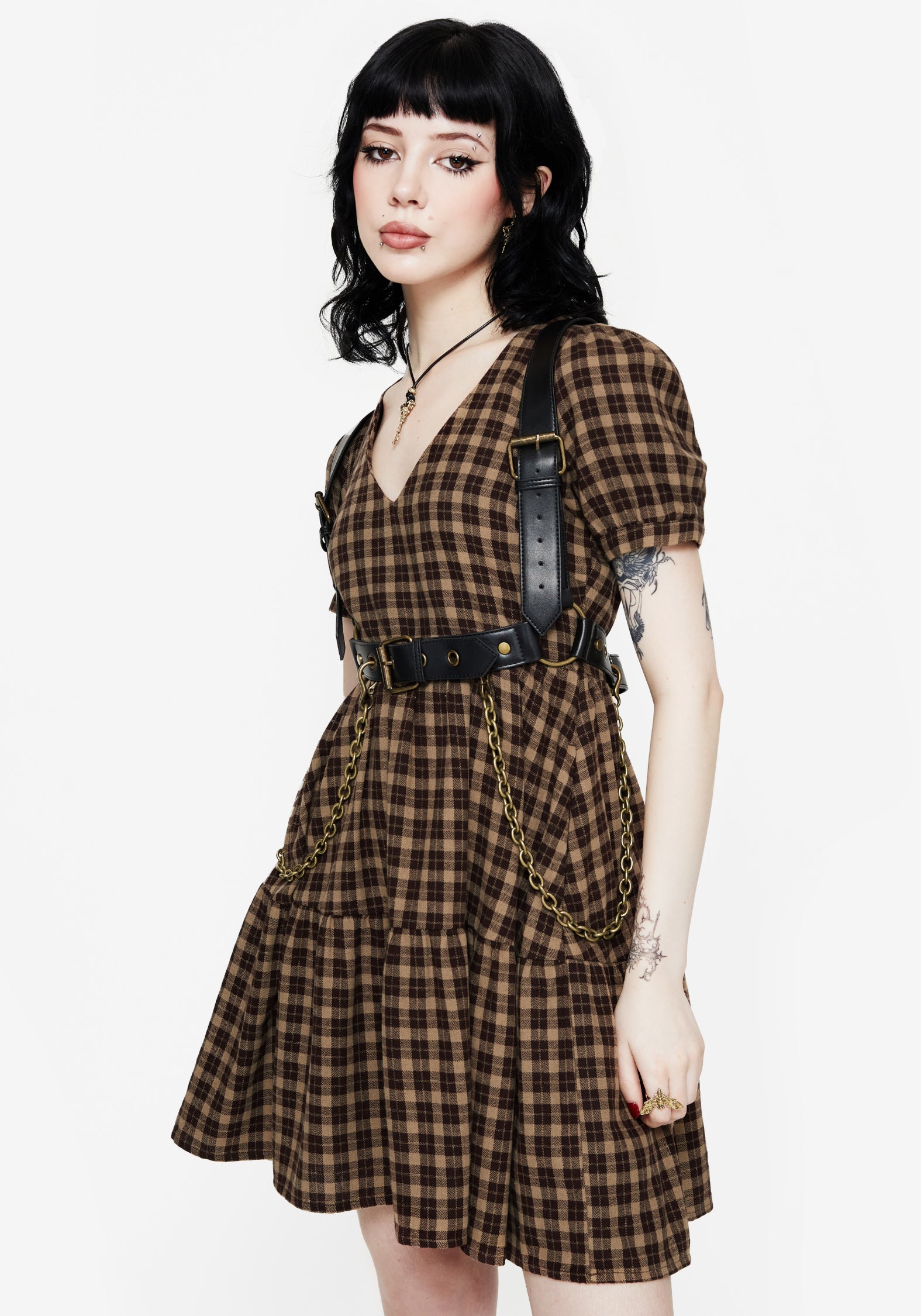 Terra Cotton Check Smock Mini Dress - Brown Terra Cotton Check Smock Mini Dress - Brown