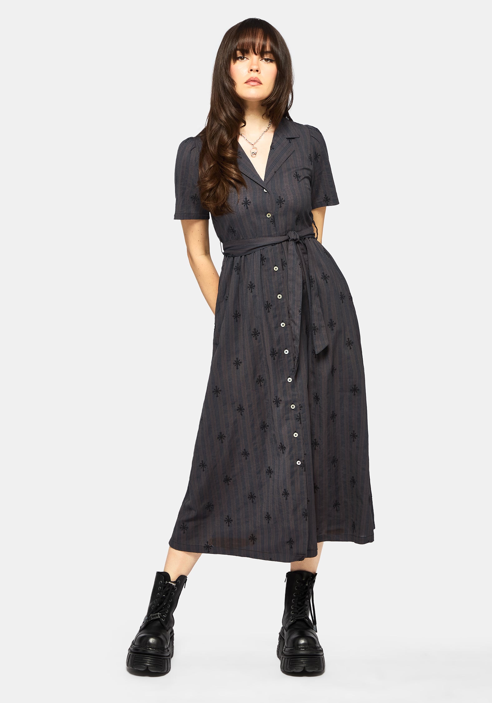 cotton blend shirt dress Diana Cotton Blend Stripe Cross Embroidered Midaxi Shirt Dress