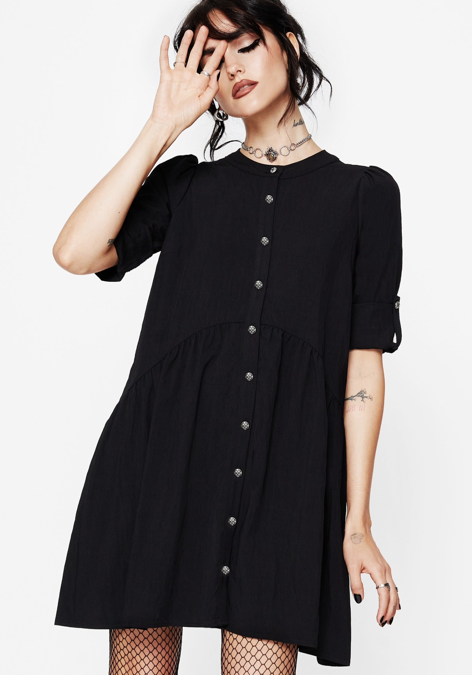 black short smock dress Arden Button Down Mini Smock Dress