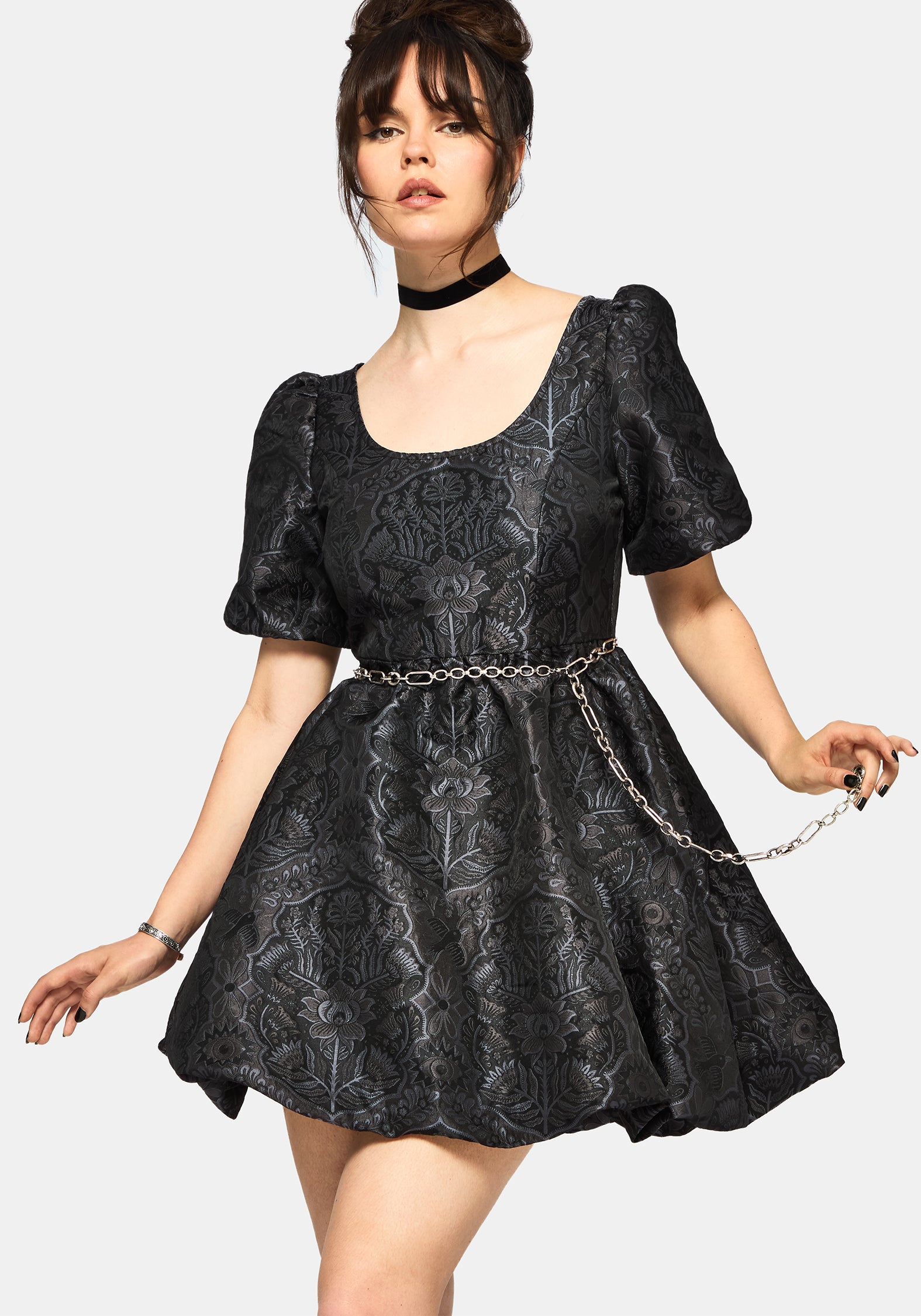 Nocturna Jacquard Scoop Neck Puffball Mini Dress – Disturbia