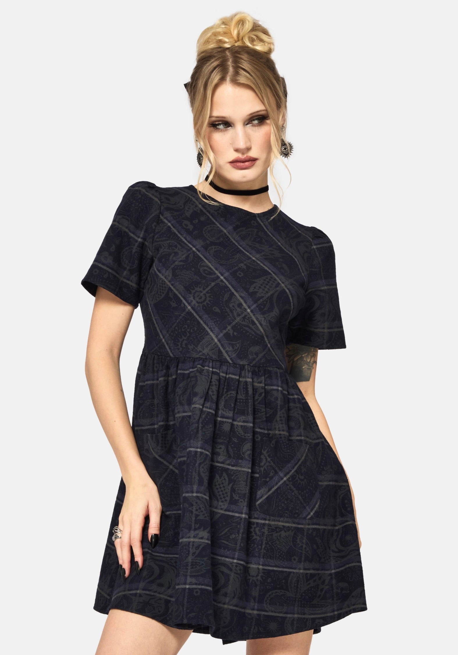 plaid smock dress Plaith Blue Check Mini Sharp Dressed Man by model wearing a size color:BLUE Size:M/L | fits size US 8-12 | Preorder ships in ~2 weeks
