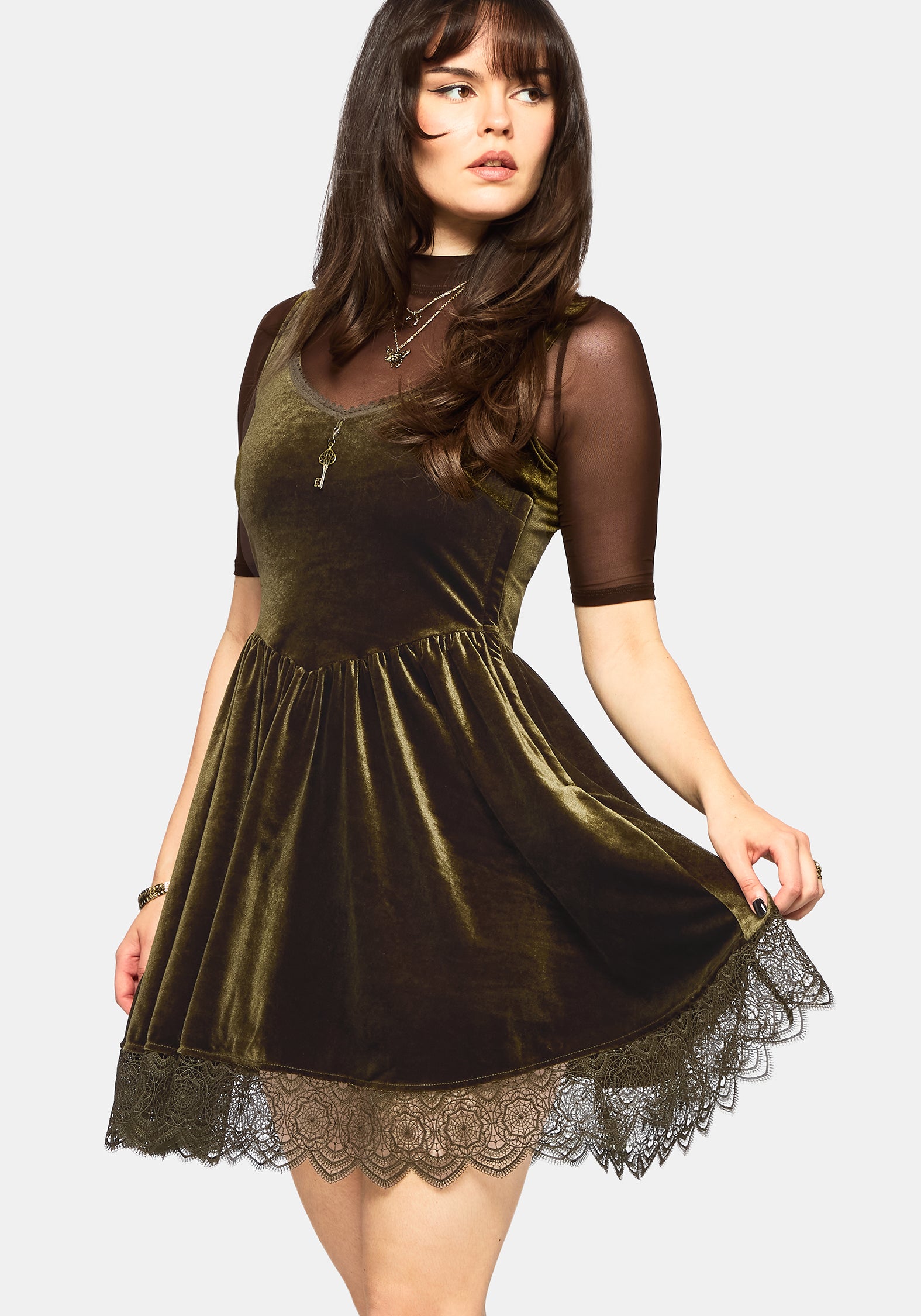 Orbweb Lace Hem Velour Mini Dress - Dark Green – Disturbia