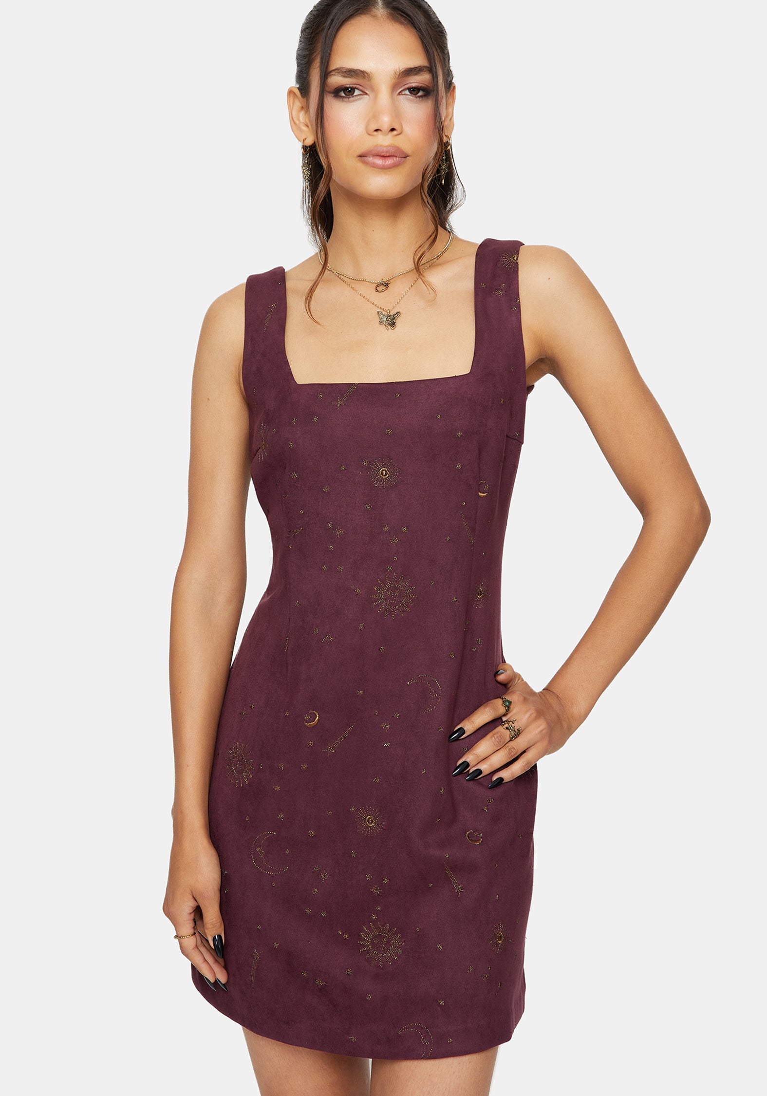 a line suede dress boohoo Women's Plus Faux Suede Flared Sleeve A Line Mini Dress in Camel
