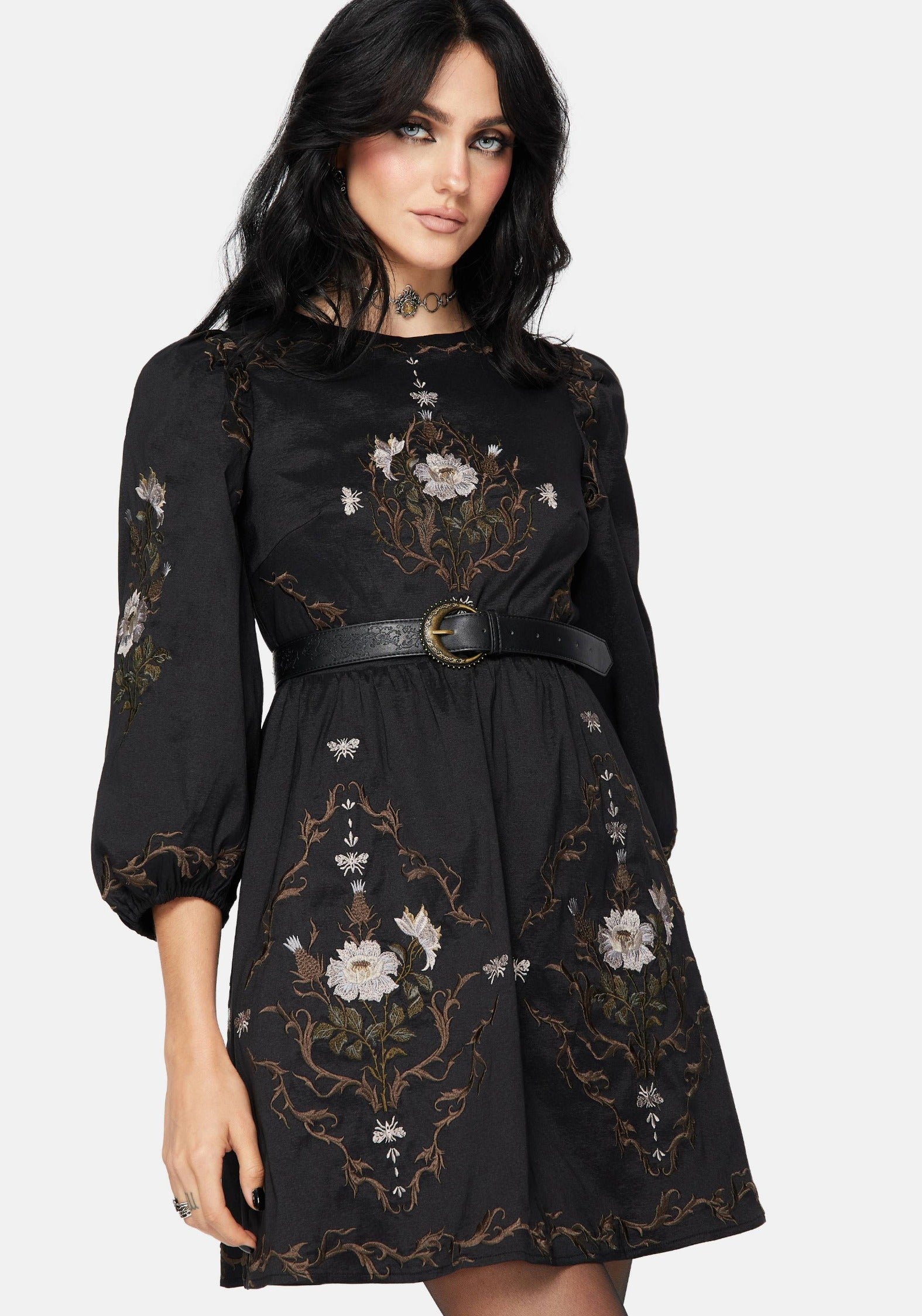 Vine Floral Embroidered Long Sleeve Mini Dress