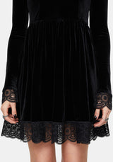 Orbweb Long Sleeve Lace Hem Velour Mini Dress US 6