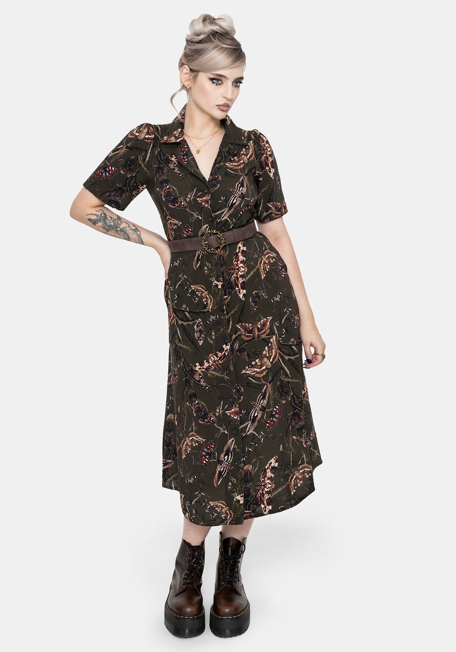 printed midi shirt dress Multi KarenMillen Lime Print Cotton Puff Sleeve Woven Midi Shirt Dress With Dropped Waist Detail