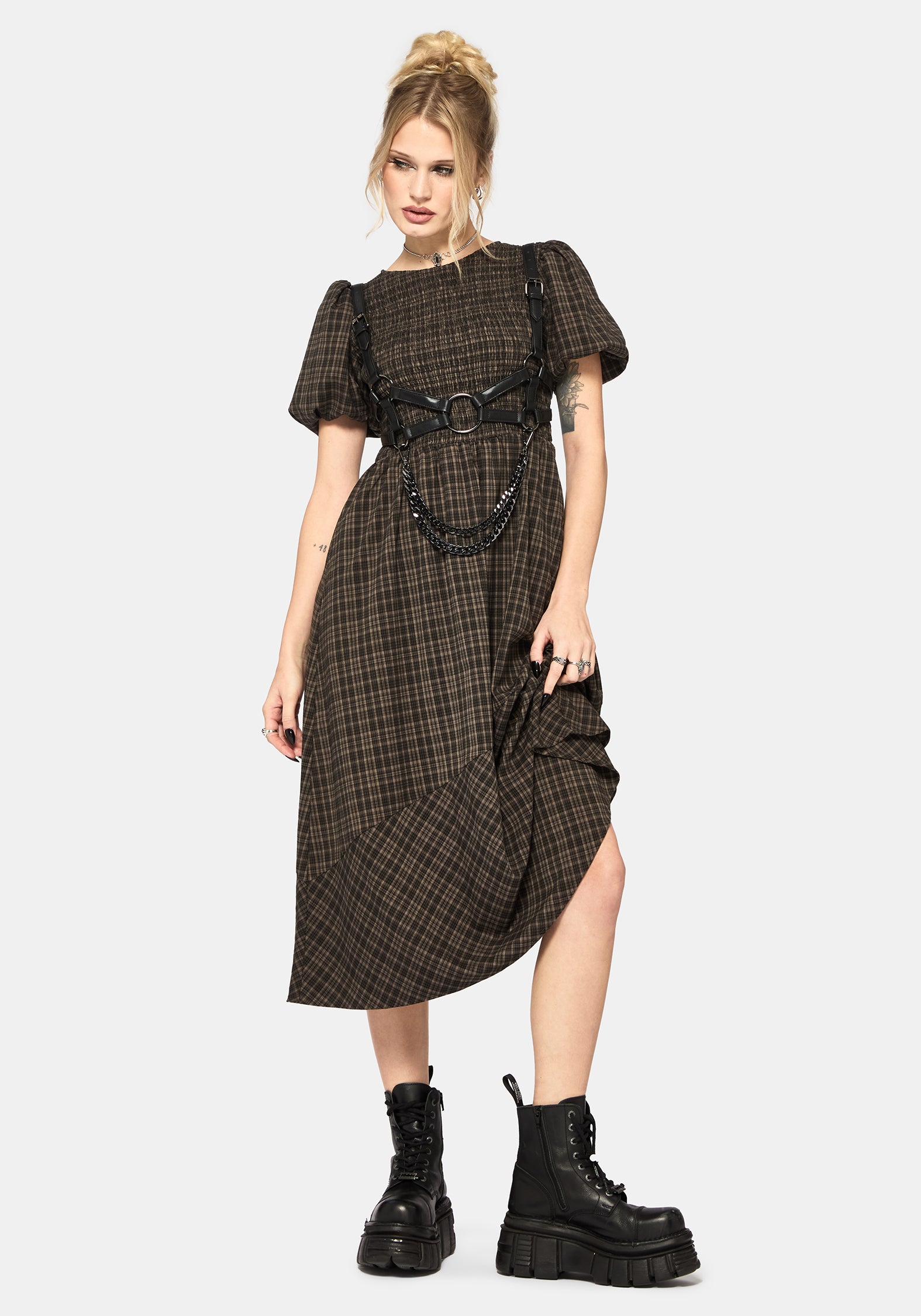 gingham shirred midi dress Black Gingham Shirred Leah Midi Dress