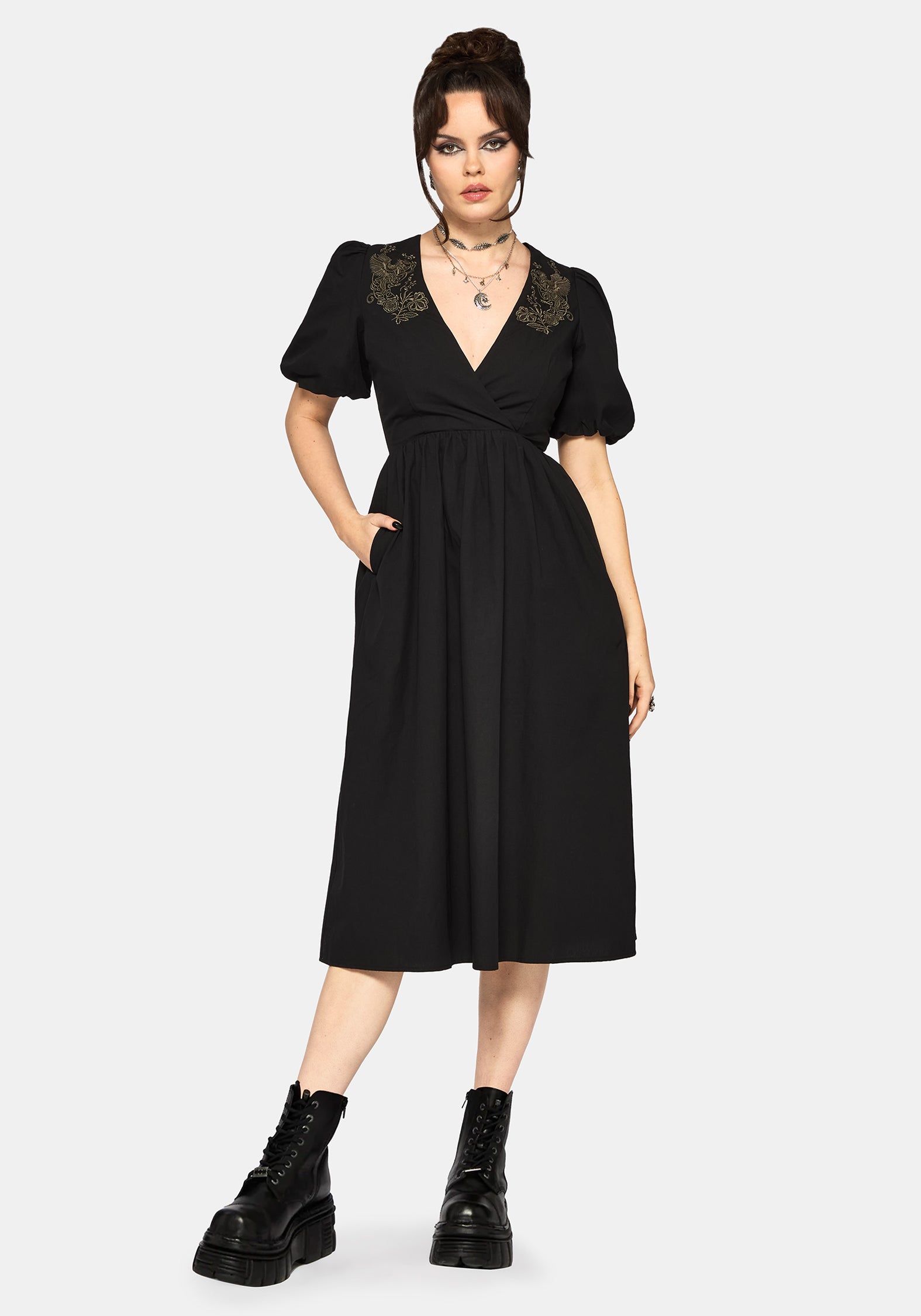 phoenix midi dress Phoenix Cotton Embroidered Puff Sleeve Midi Dress