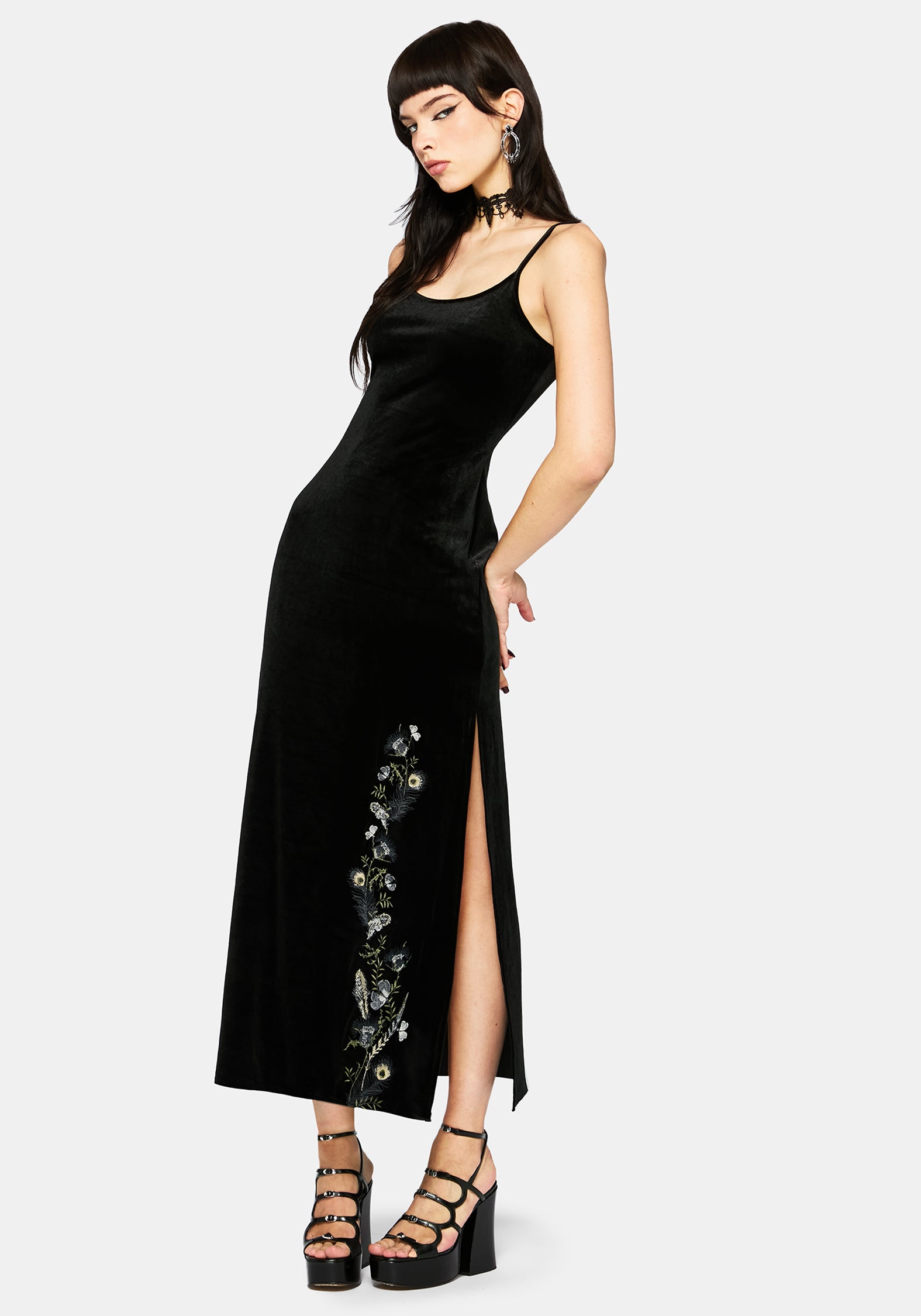 Bluesow Feather & Thistles Embroidered Velour Slip Maxi Dress – Disturbia