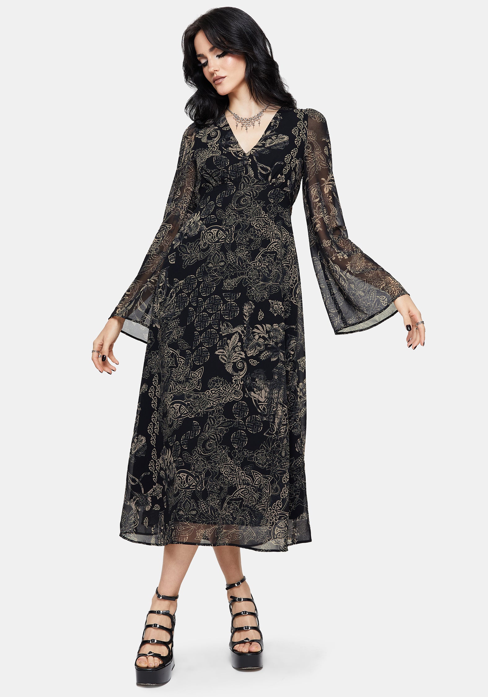 frill neck midi dress Ruffle Neck Midi Dress-Navy Polka Dot L