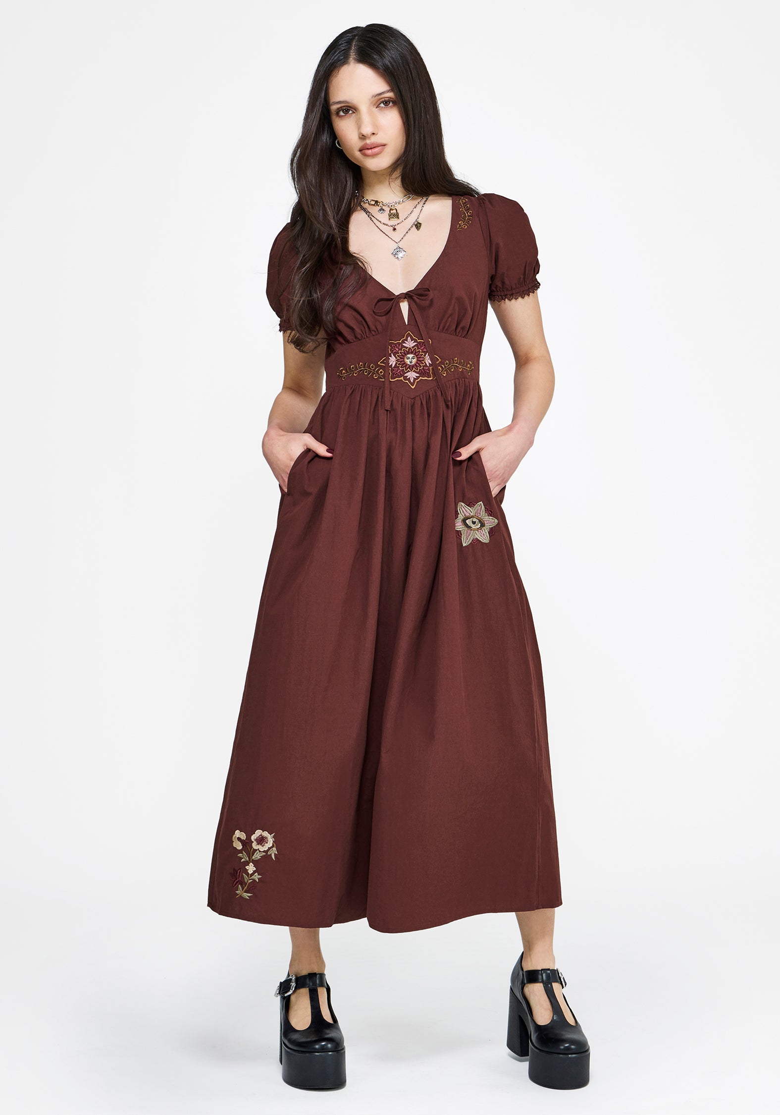 Arianwen Embroidered Puff Sleeve Midaxi Dress - Rust – Disturbia
