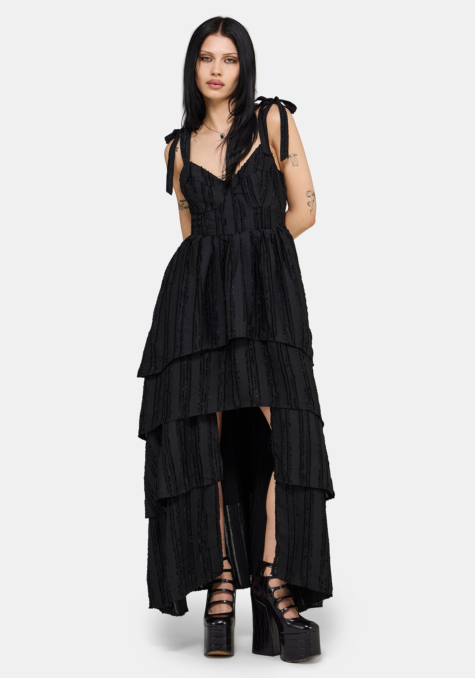 long dress with front split ASOS DESIGN long sleeve lace-up back scoop neck with front split maxi dress  in black