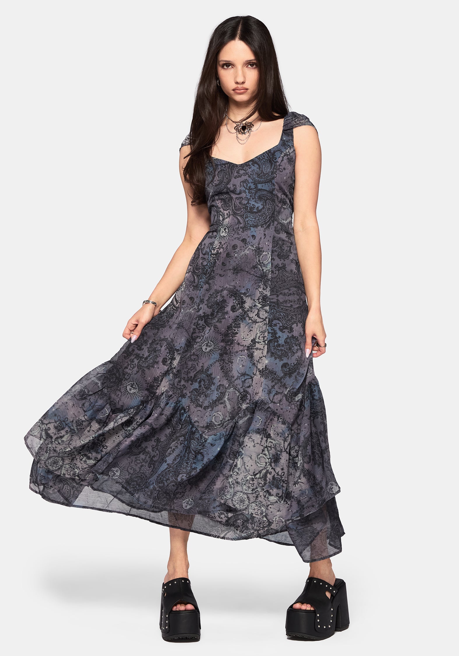 Gaia Celestial Print Chiffon Midaxi Dress
