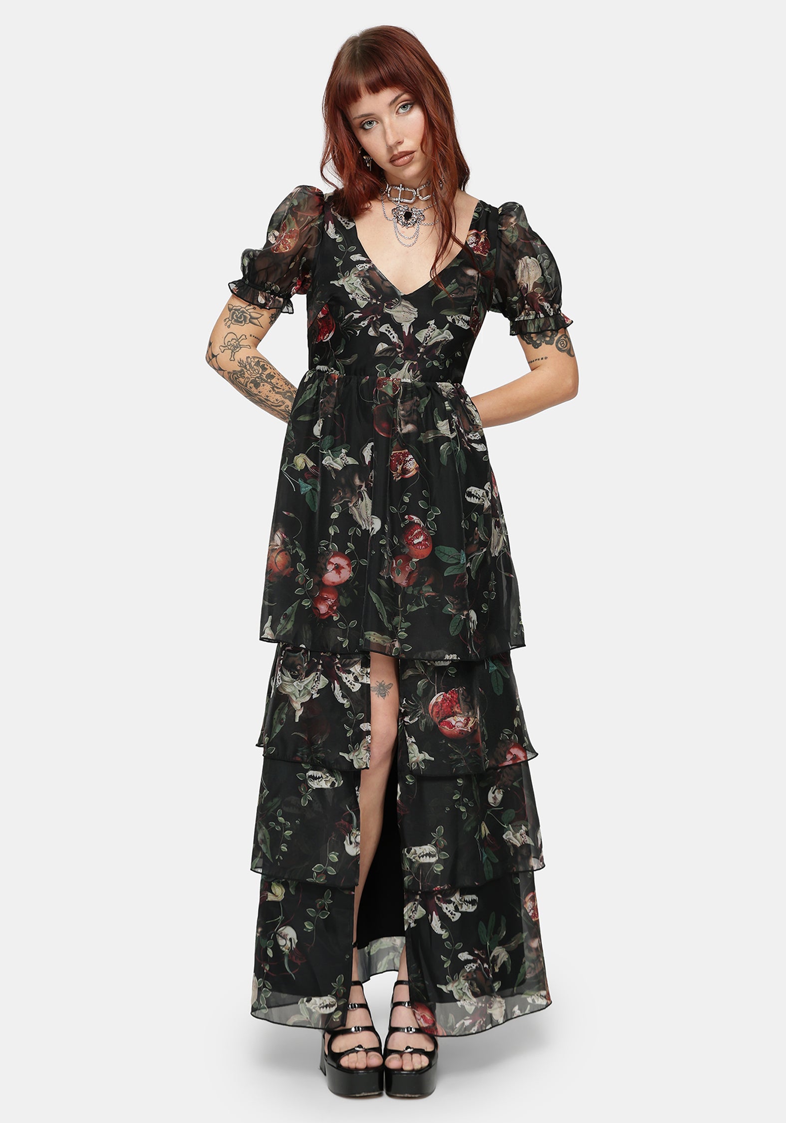 Anara Fruit Print Tiered Gown