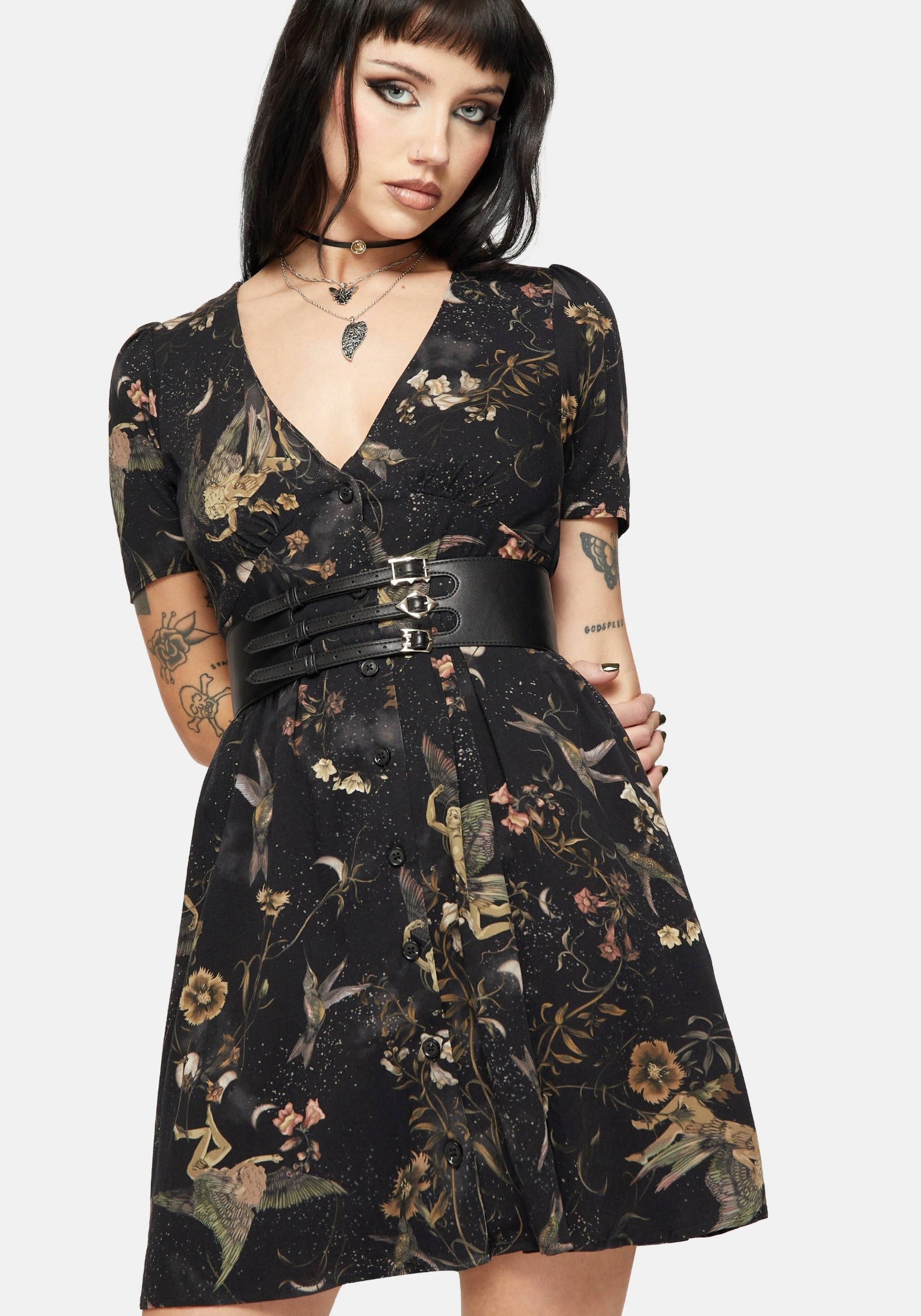 Harpyiai Print Button Up Mini Dress