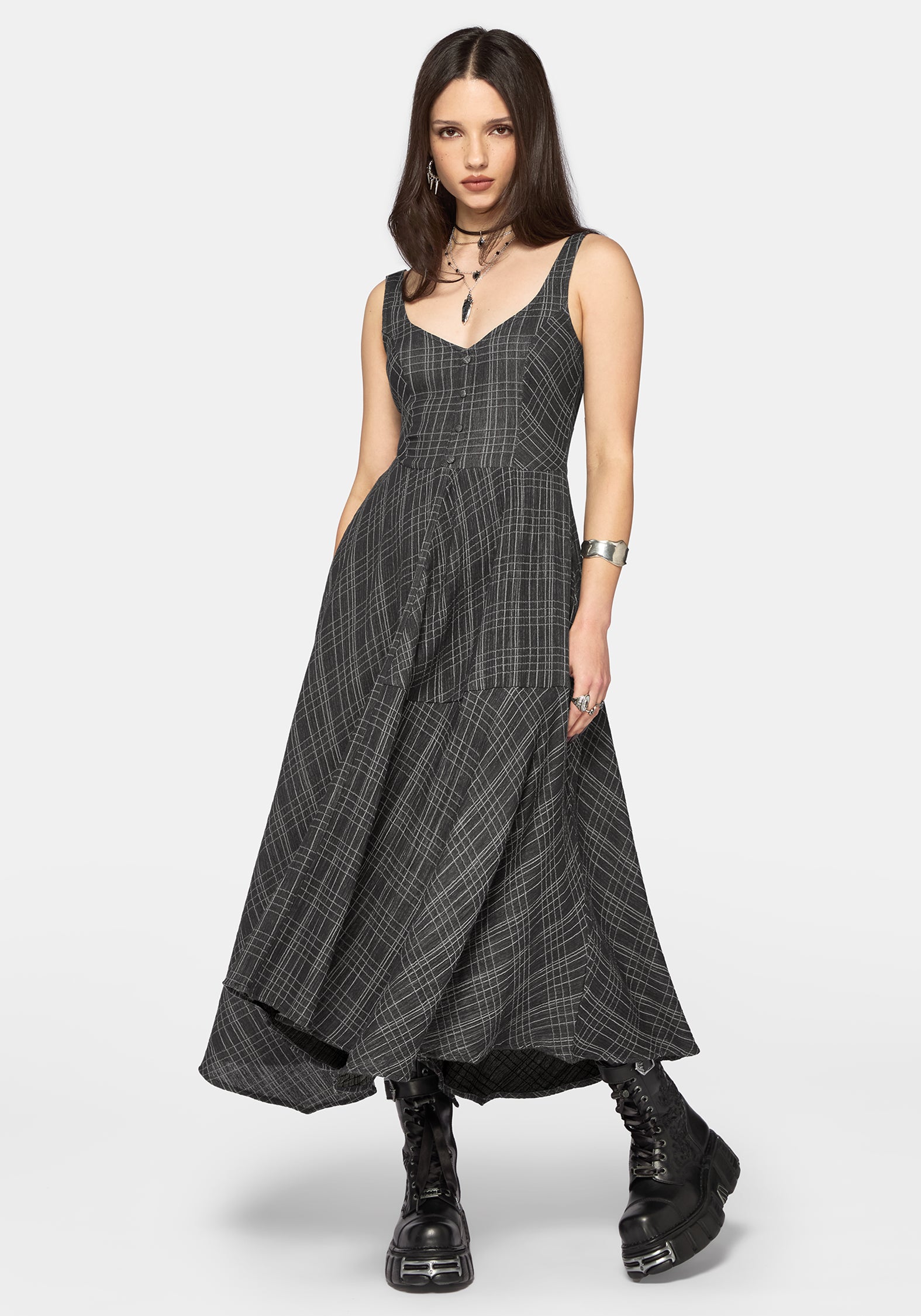 check grey dress Mere Check Long Dress, Black