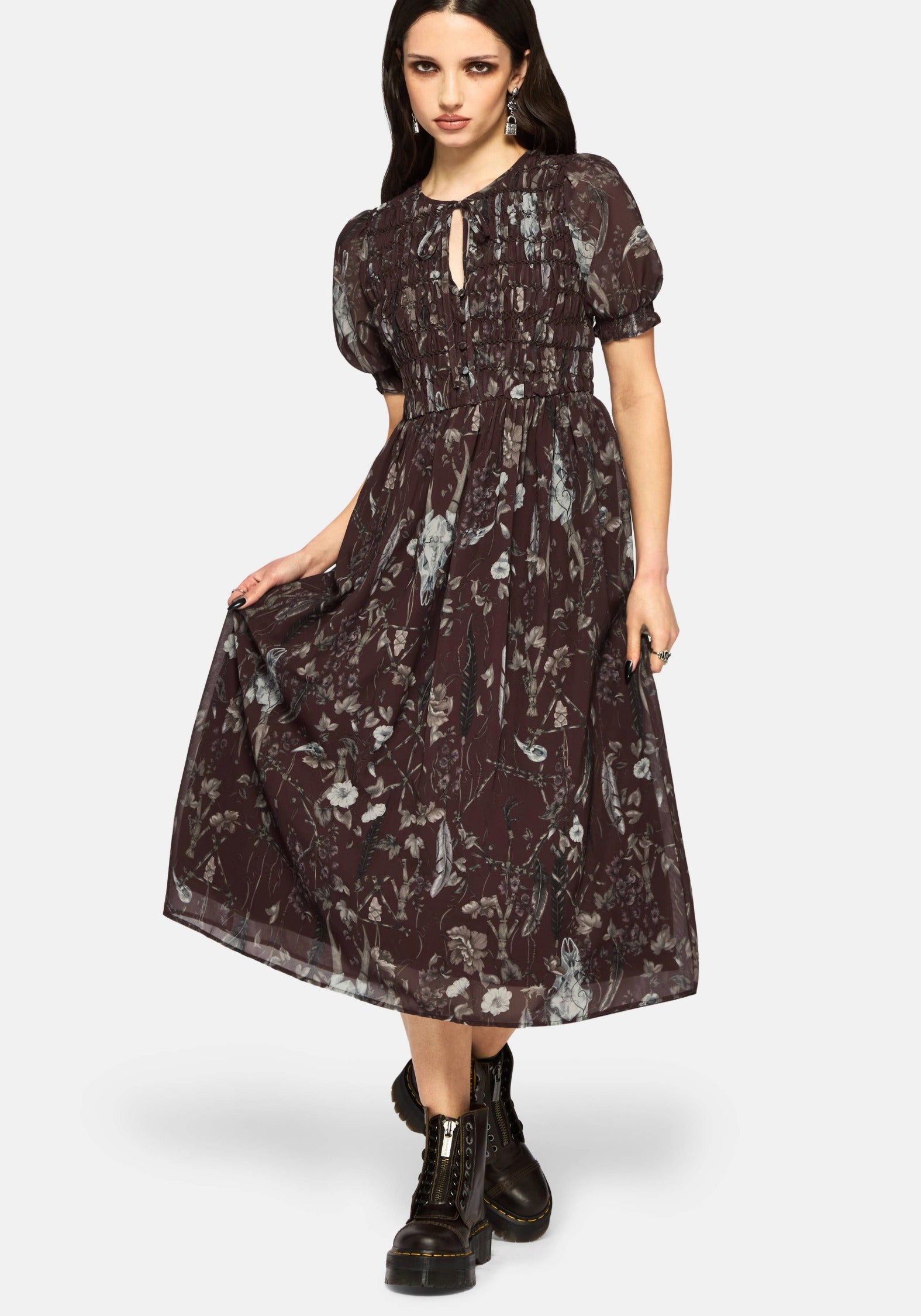 chiffon shirred dress Floral Chiffon Flounce Sleeve Shirred Midi Dress Large