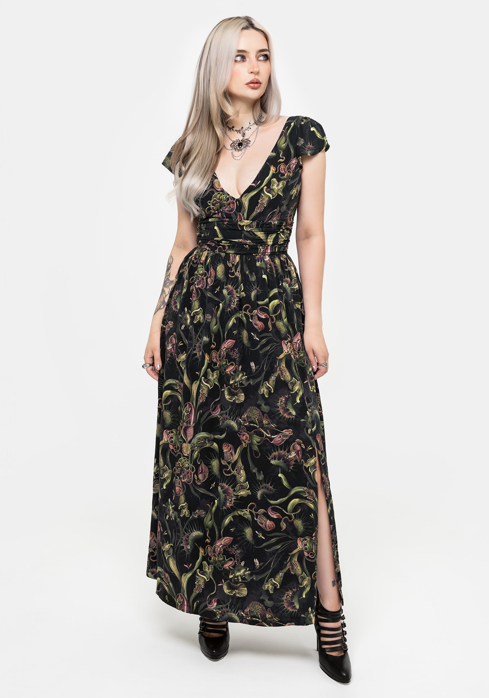 print maxi dress Bold Leaf Print Maxi Dress with Tiered Skirt Yellow, Red & Green Cotton Statement Dress