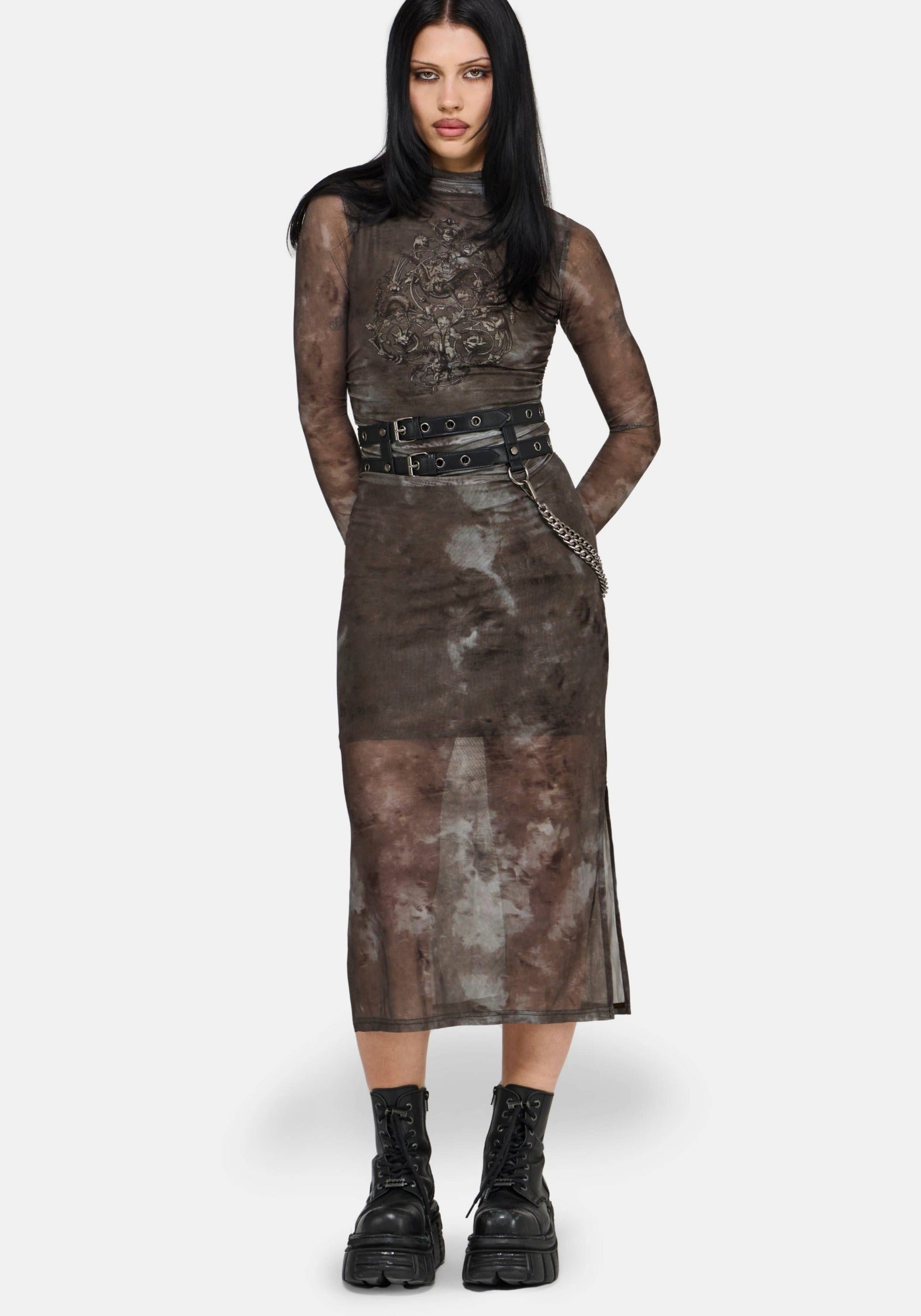 graphic mesh dress ASOS DESIGN printed mesh high neck maxi dress with lip print in black
