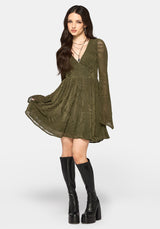 Lunafern Flocked Fern Flute Sleeve Mini Dress - Green