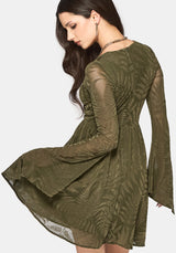 Lunafern Flocked Fern Flute Sleeve Mini Dress - Green