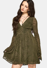 Lunafern Flocked Fern Flute Sleeve Mini Dress - Green