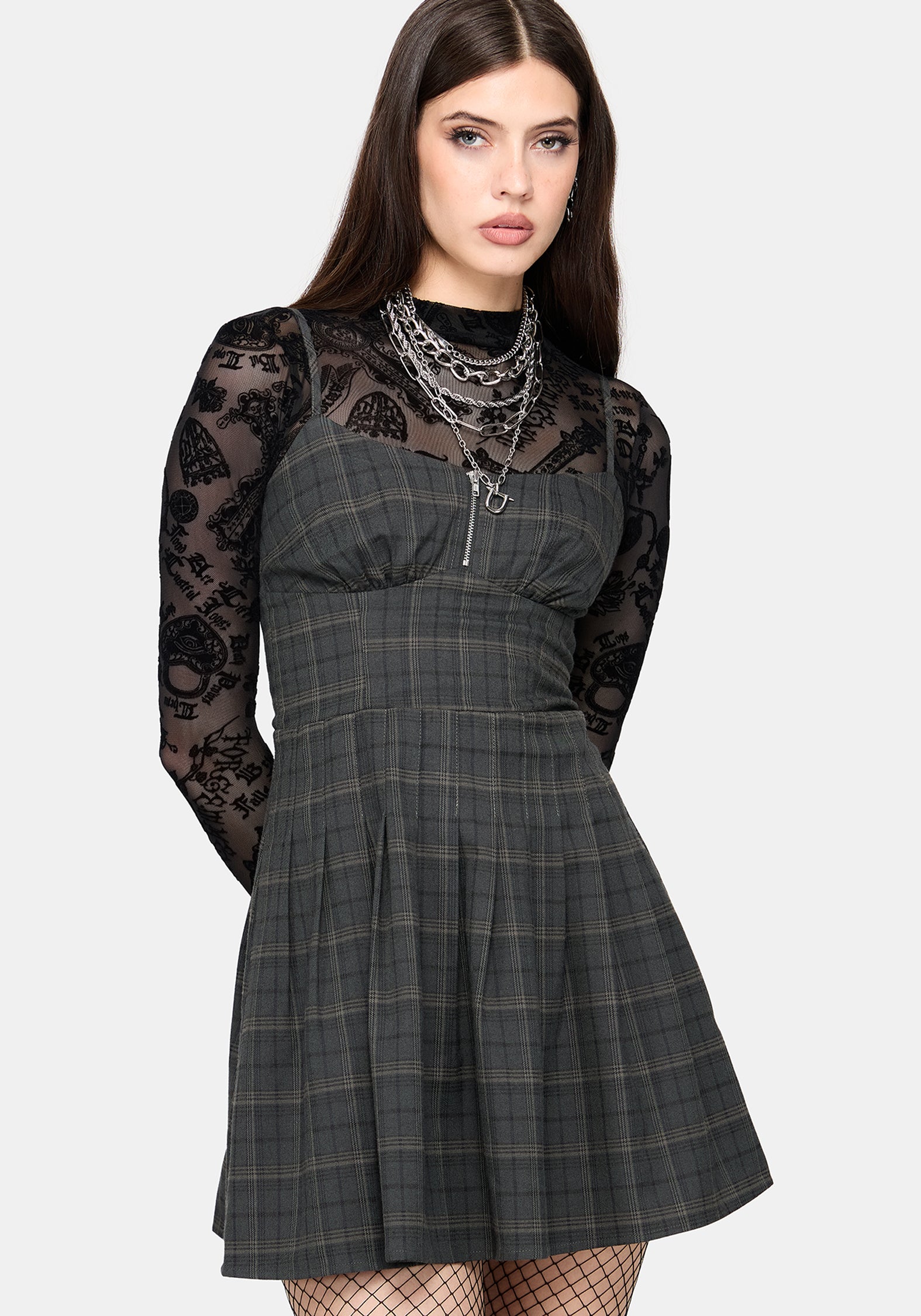 mini dress zipper front Caitriona Check Zip Pinafore Covering all sizes from BCBGMAXAZRIA Black Comb Elastic Skirt Size:6 WR oversized puff sleeve