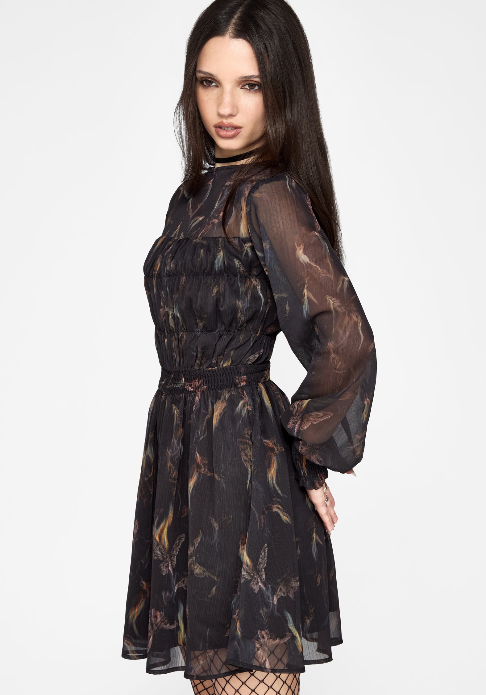 Ember Moth Print Chiffon Shirred Mini Dress – Disturbia