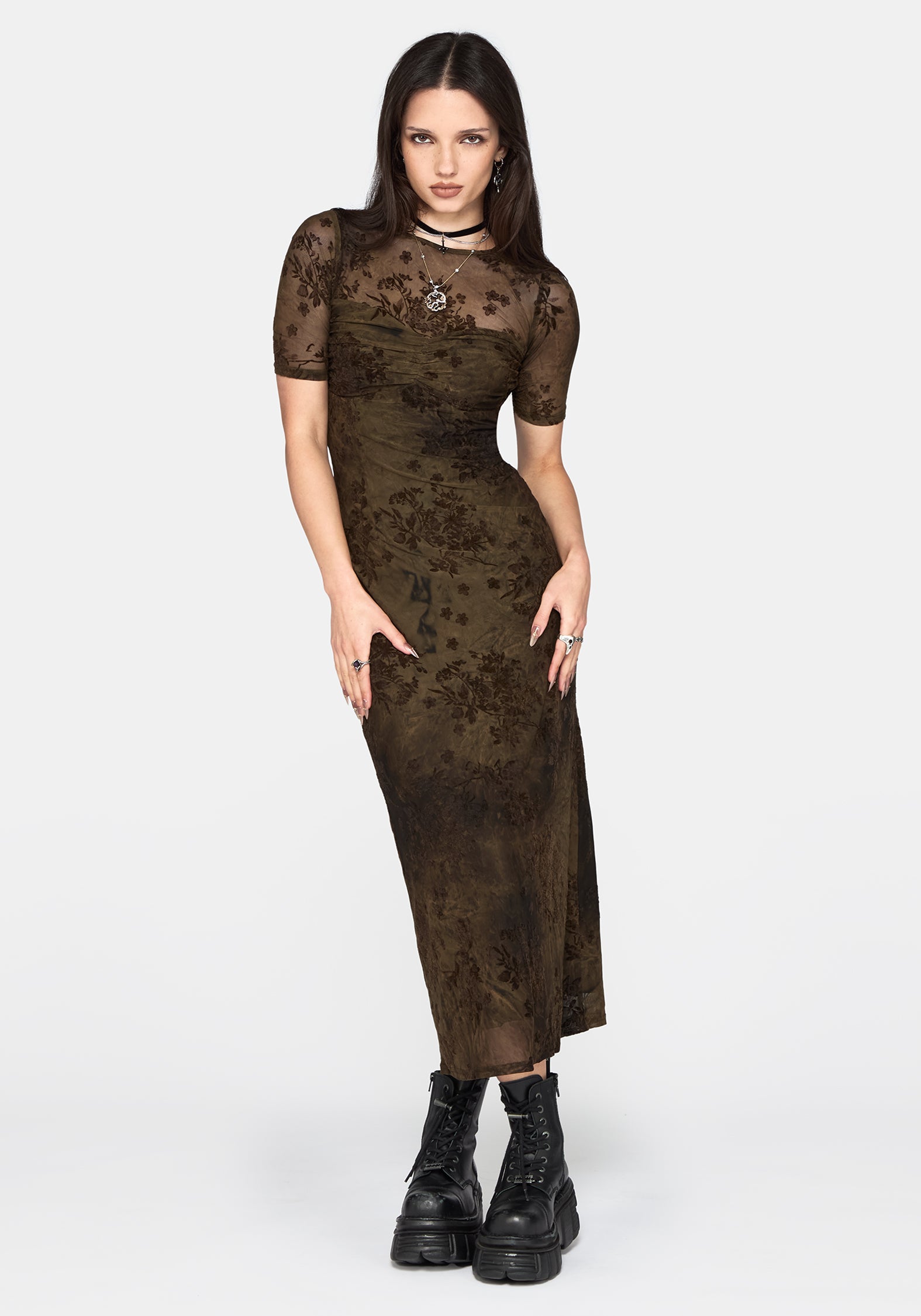 Zuri Flocked Ruched Bust Midaxi Dress – Disturbia
