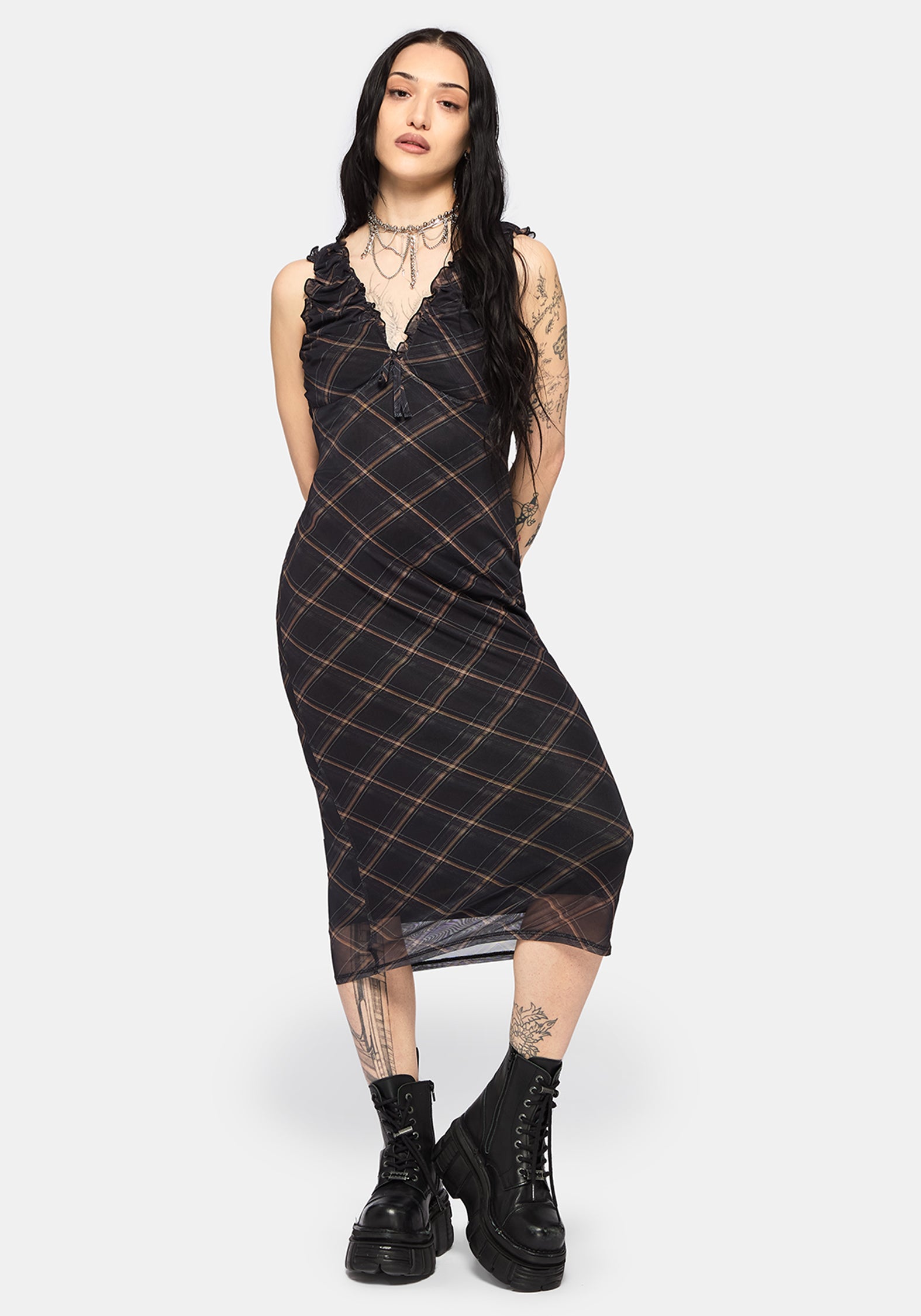 sheer midi dress Sorrowelle Checked Mesh Midi Dress – Disturbia