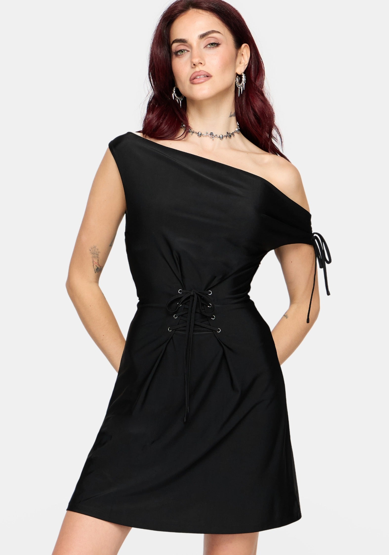 tie up mini dress Noctavia Cowl Neck Lace – Disturbia construction:Knit. Cut & Sew Waist:28 Designed with a smocked Graphic Print Sleeveless A-Line