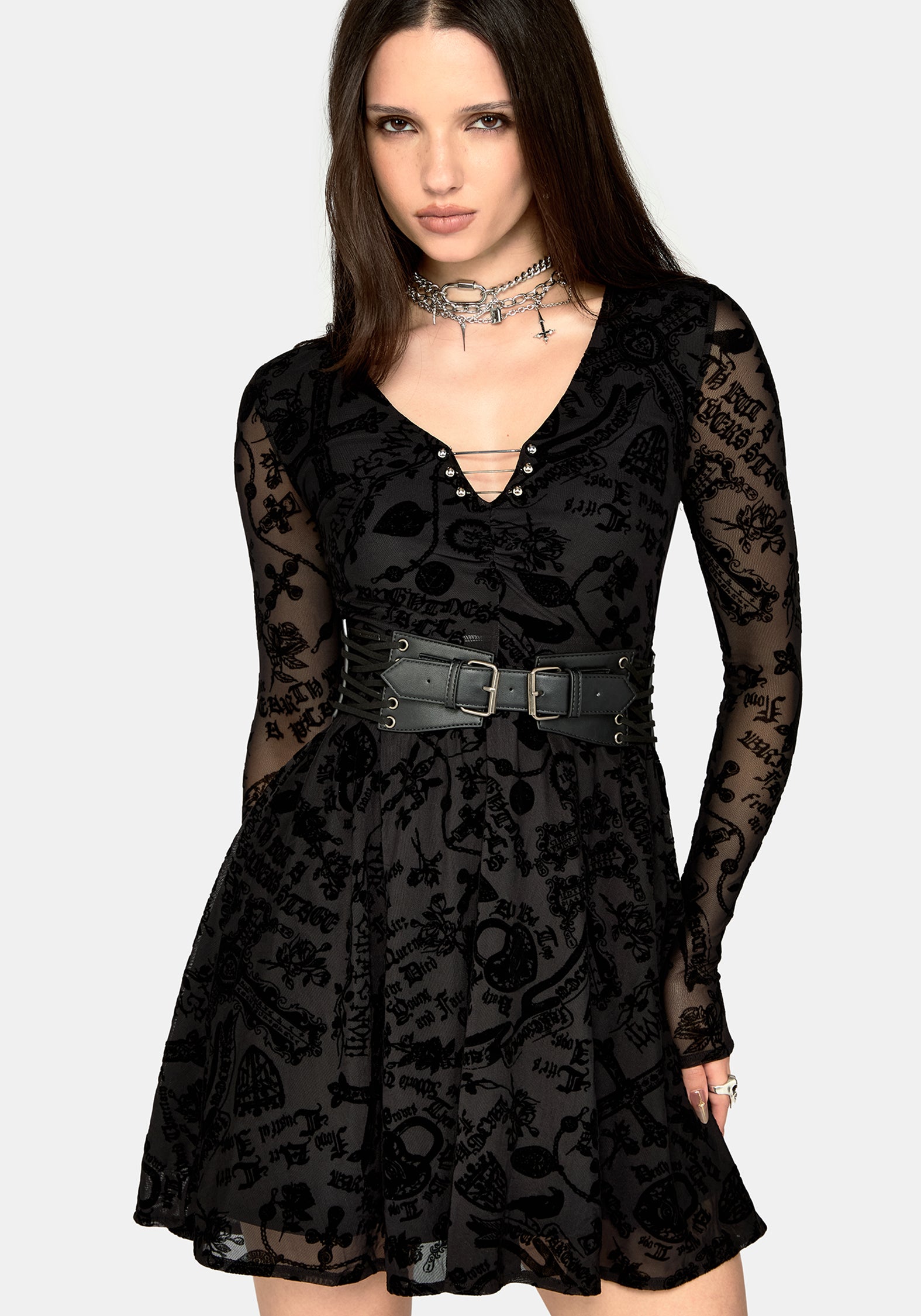 Sanct Flocked Mesh Long Sleeve Mini Dress – Disturbia