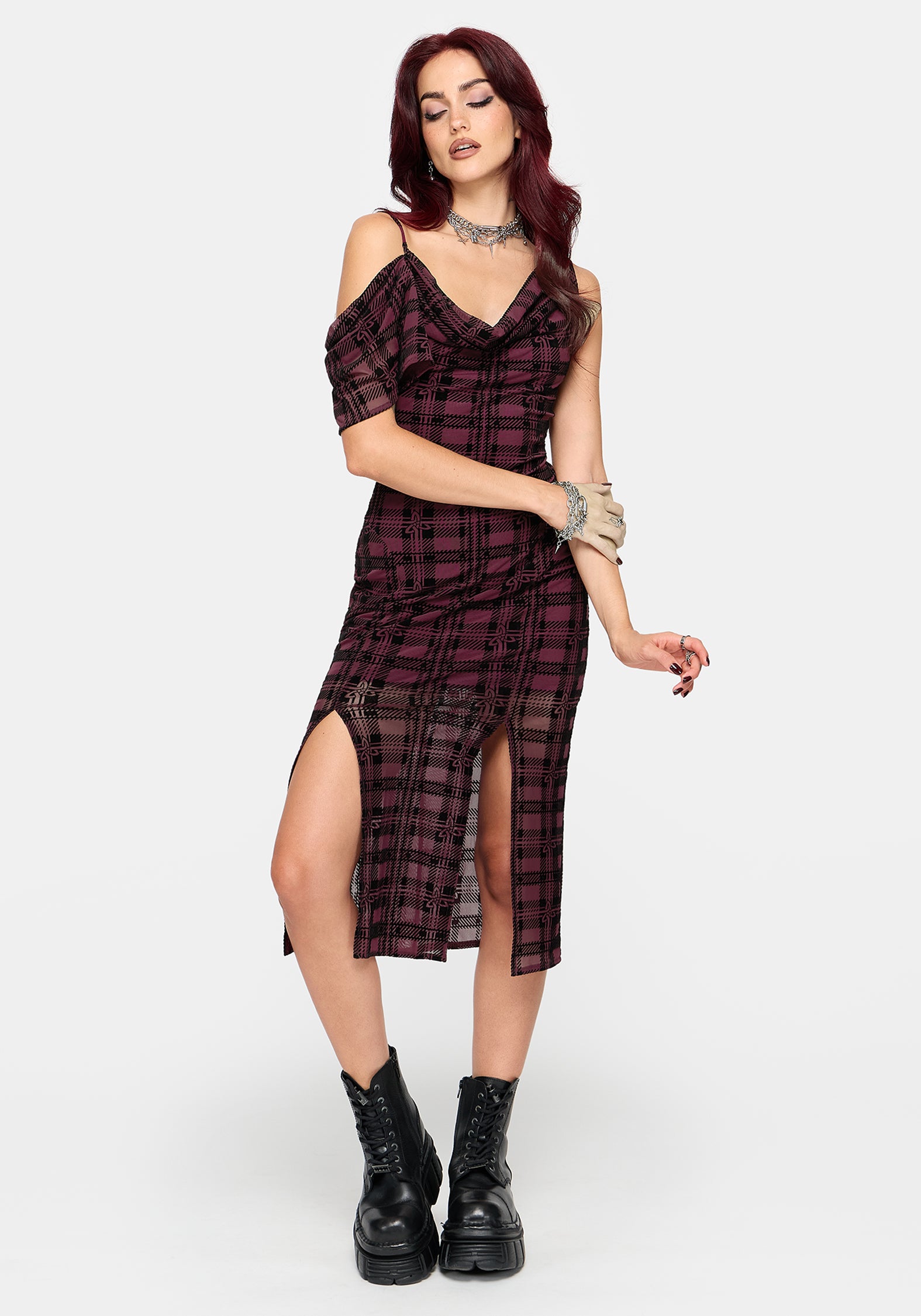 midi knot dress Vesica Flocked Witches Emerald Sundae Women's Slitted knot detail and mid COLOR:Blue/Black Multi Daily Dresses