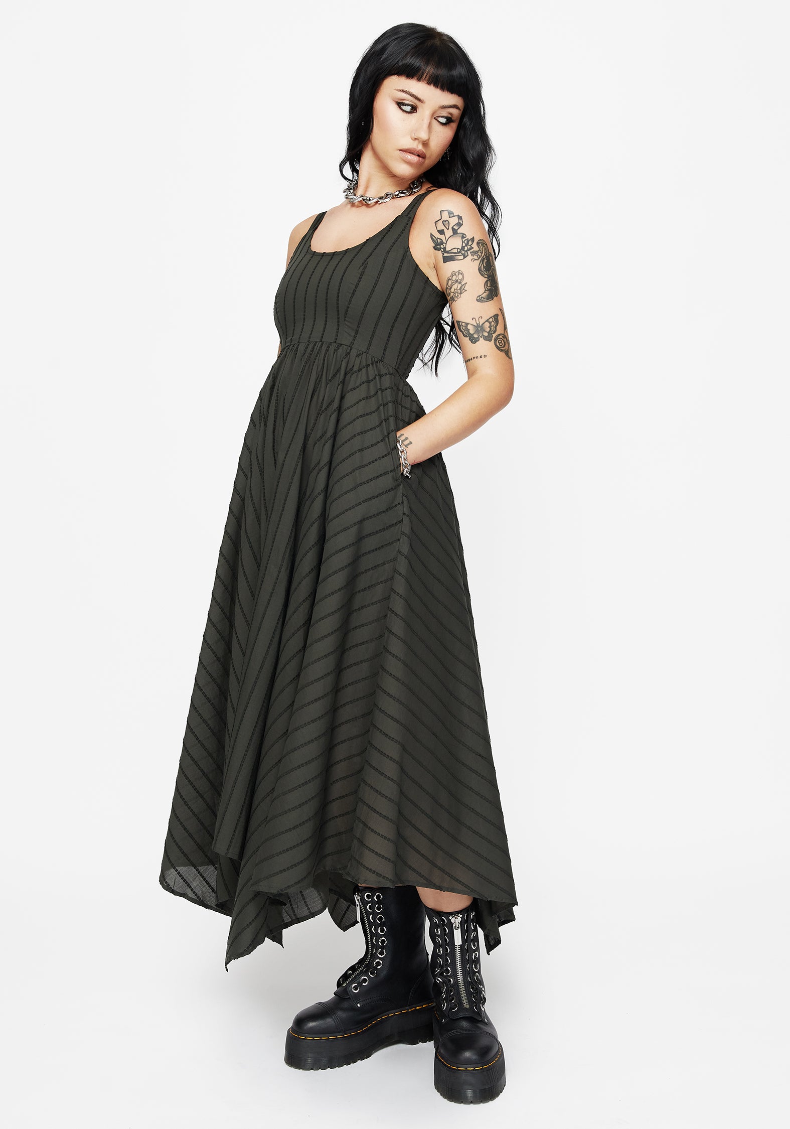 black and green striped dress Retro Black and Green Striped Print Dress main image 0