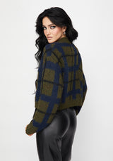 Nelly Spliced Check Bug Jacquard Cropped Knit Sweater