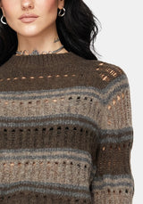 Splinter Stripe Knit Flare Sleeve Crop Sweater - Brown