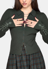 Cybele Embroidered Button Up Ribbed Knit Cardigan - Green