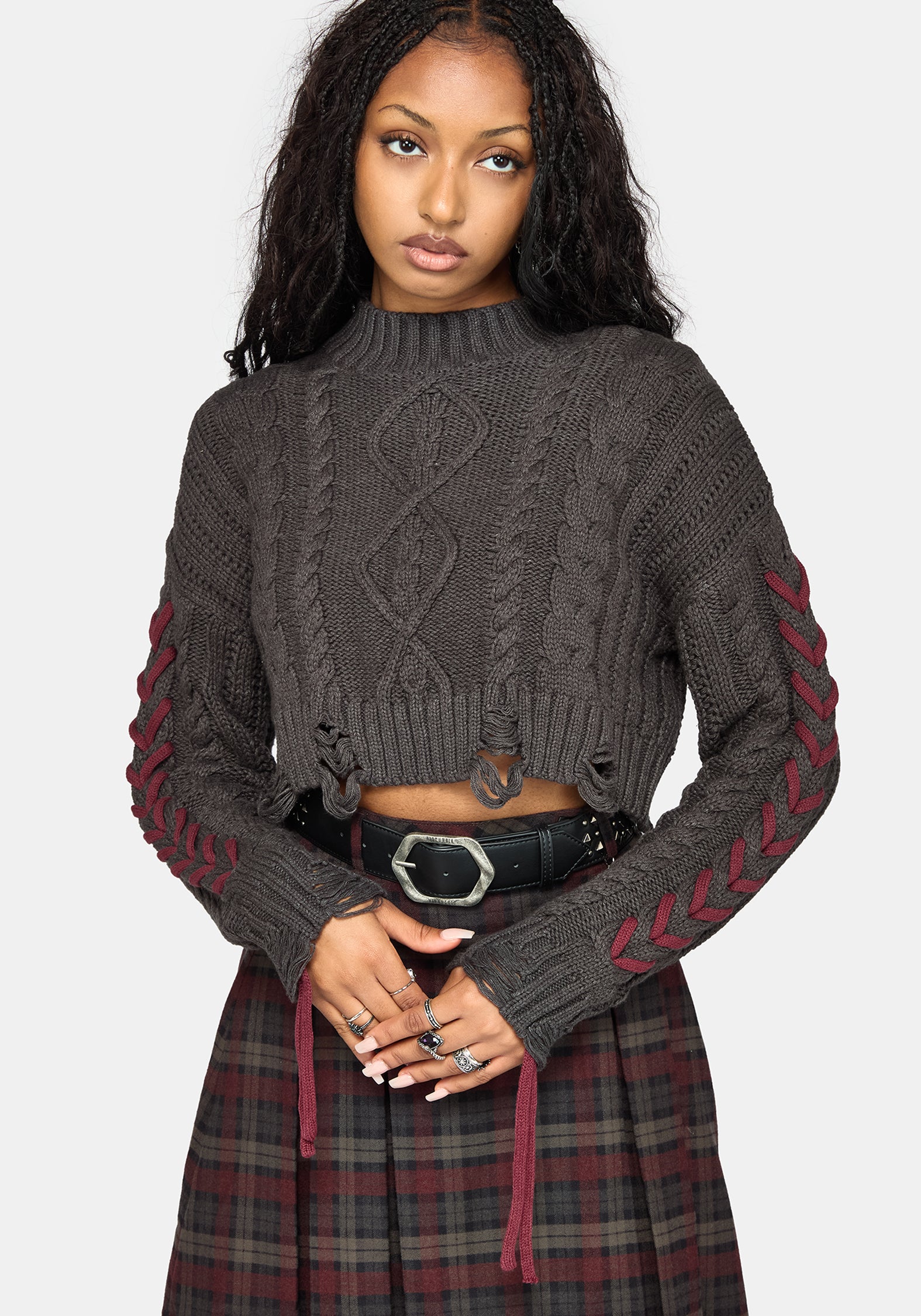 Skulk Distressed Cable Knit Crop Sweater - Charcoal – Disturbia