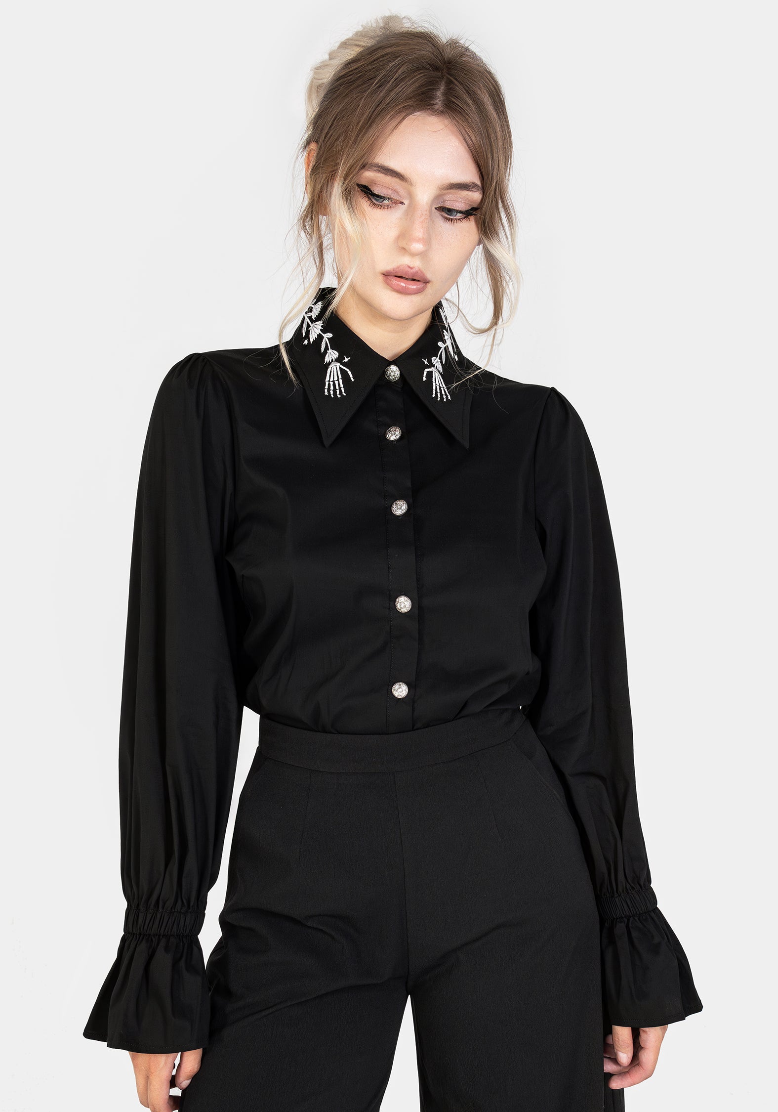 women's black button down dress shirts Mavi Long Sleeve Button-Up Shirt In Machine Washable / Easy Women's Black, Lay Down Collar,
