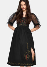 Phoenix Cotton Embroidered Puff Sleeve Midi Dress