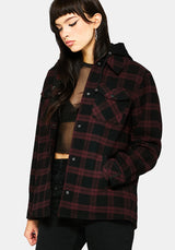 Trellis Hooded Pocket Check Shacket - Burgundy